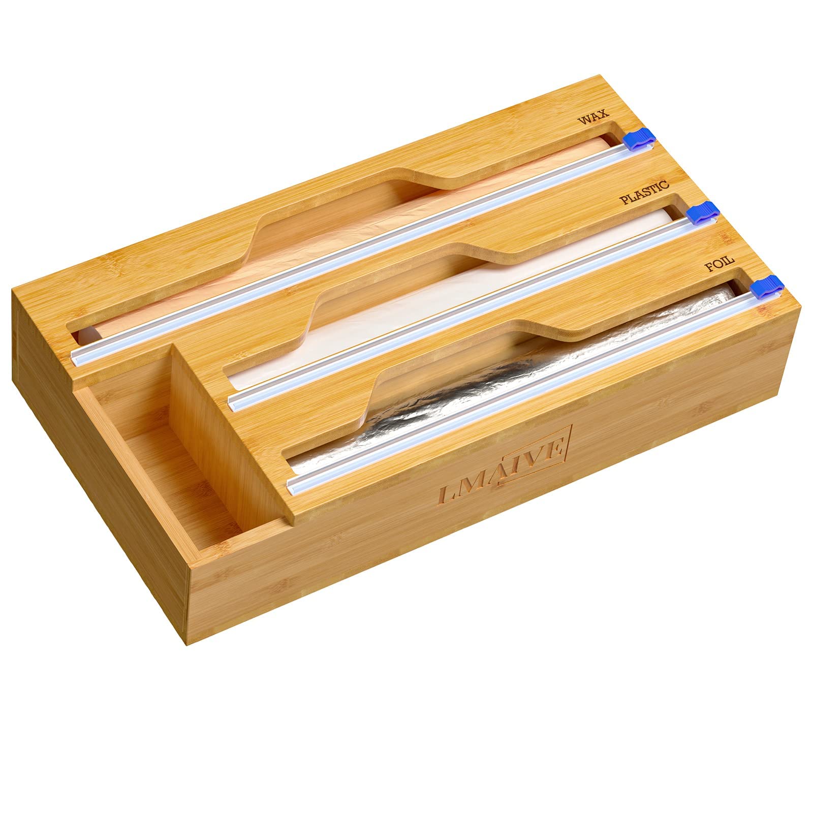 LMAIVE 3-in-1 Bamboo Wrap Organizer with Cutter - Aluminum Foil & Plastic Wrap Dispenser for 13