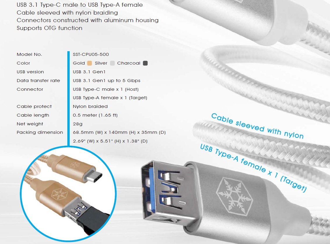 SilverStone SST-CPU05C-500 Reversible USB-C to USB-A Cable - 0.5m Nylon Braided Fast Charging & Data Sync Cord for Smartphones, Tablets & Laptops - Durable Charcoal Gray Cable for Home, Office & Travel Use