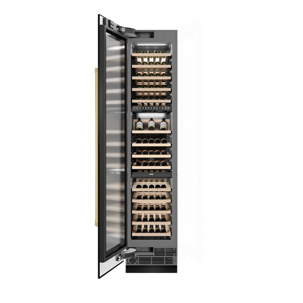 ZLINE Autograph Edition 18 Inch 9.0 Cubic Feet Triple Zone 68 Bottle Left Hinge Column Wine Cooler - Black Stainless Steel with Polished Gold Accents (RCWVLZ BS 18 G) - Perfect for Home Bars, Wine Cellars, and Entertaining Spaces
