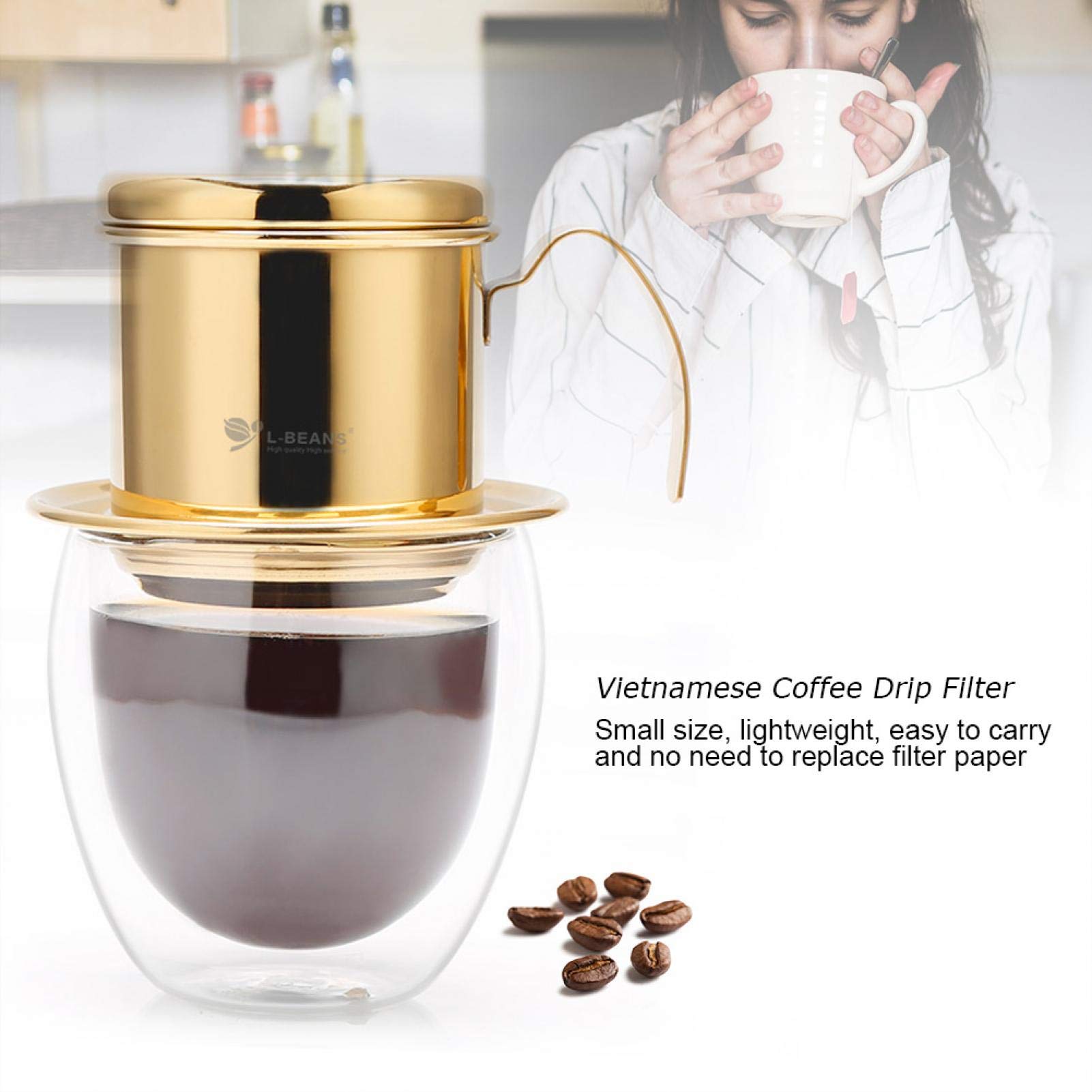 Premium Stainless Steel Vietnamese Coffee Maker - Portable Phin Filter Dripper for Authentic Vietnamese Iced Coffee - Ideal for Home, Office & Travel (Gold)