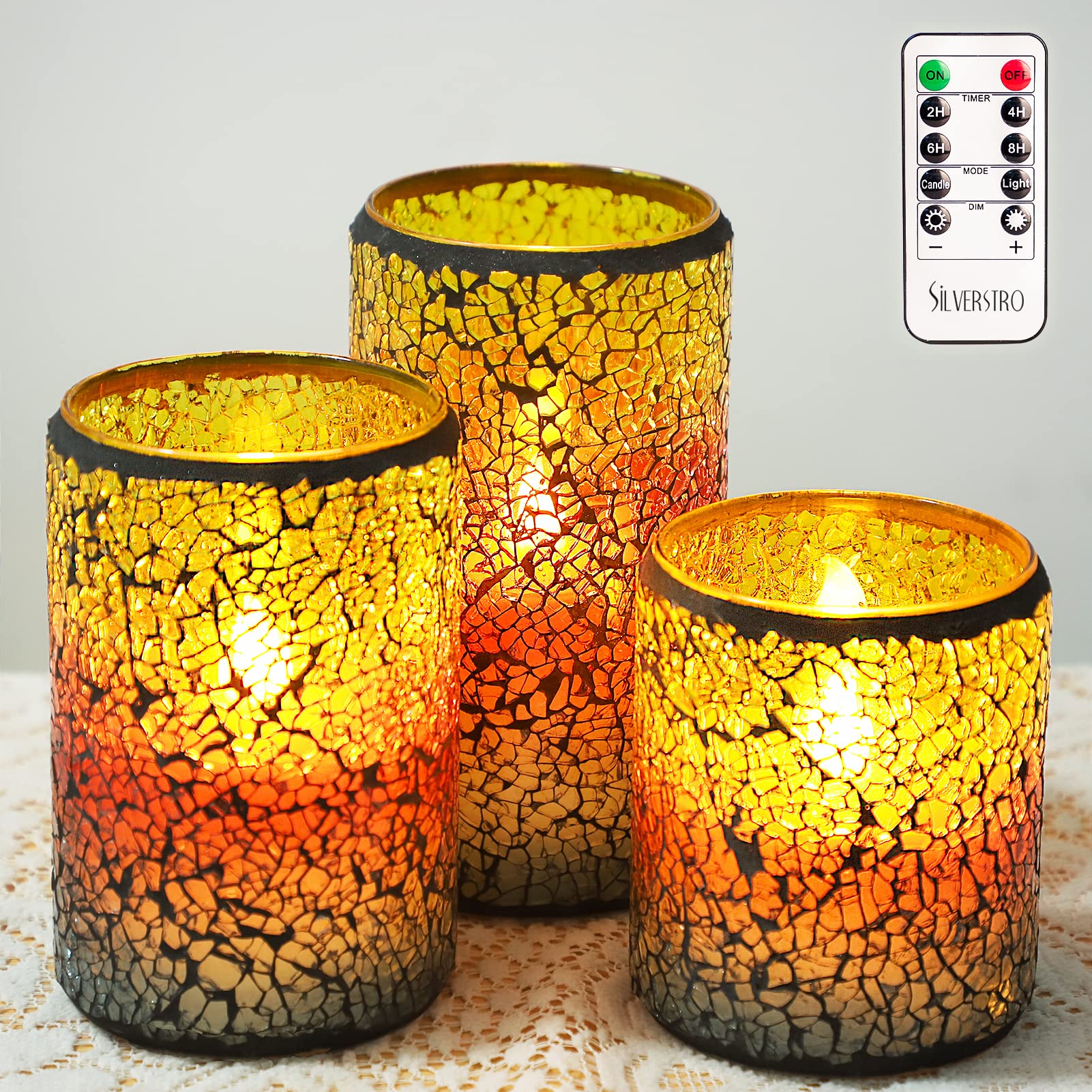 Silverstro Ocean Decor Flameless LED Candles with Remote - Set of 3 Real Wax Sunset Theme Coastal Mosaic Glass Candles for Home, Christmas, Spring, Beach & Room Decor | Perfect for Romantic Dinners, Spa Relaxation & Coastal-Themed Weddings