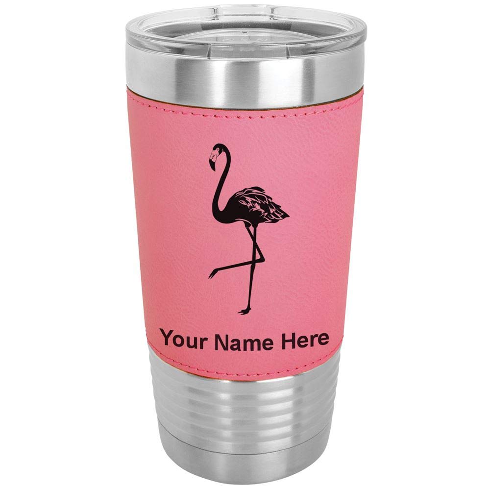 LaserGram 20oz Vacuum Insulated Stainless Steel Tumbler Mug with Lid - Personalized Engraved Flamingo Design, Faux Leather Handle, Hot & Cold Drink Cup - Perfect for Office, Travel, Gym, and Outdoor Activities (Pink)