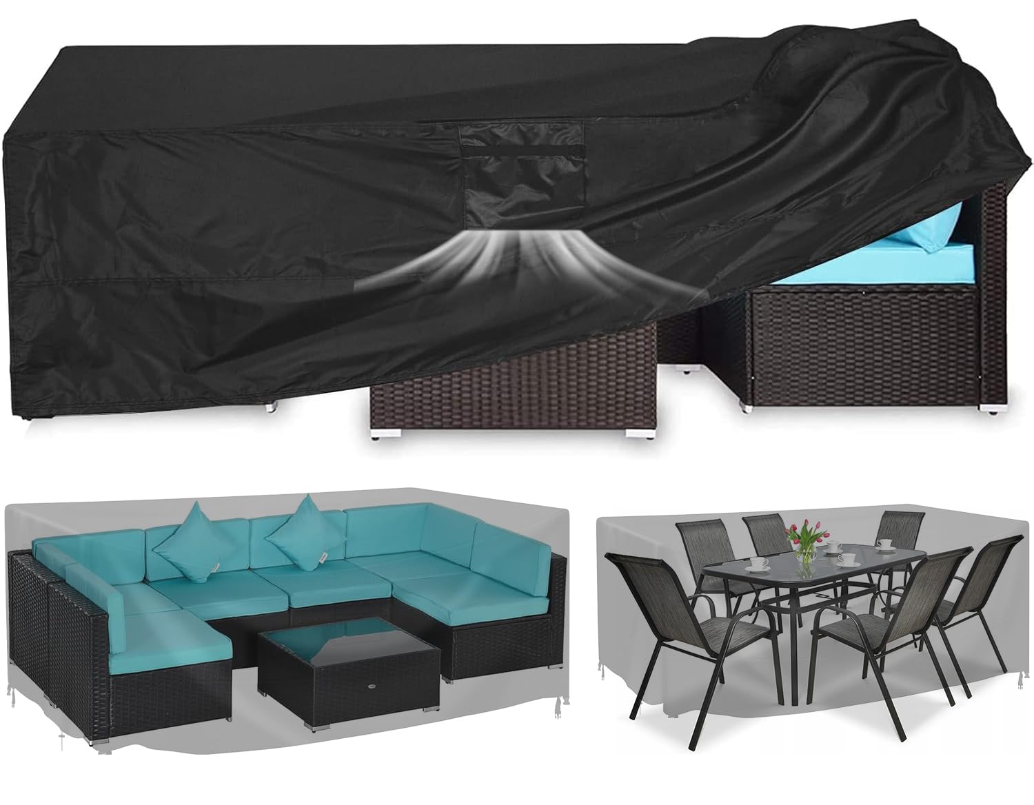 Waterproof Outdoor Patio Furniture Covers for Sectional Sofa Sets, Table & Chair Sets - Heavy Duty Black Rectangular Cover (90
