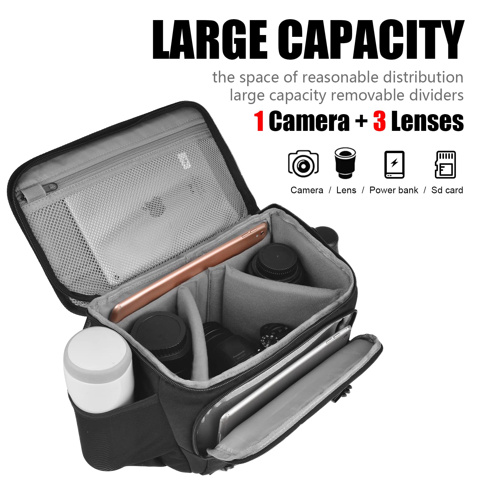 Compact Waterproof Camera Bag for Canon Nikon Sony DSLR & Mirrorless Cameras - Crossbody Shoulder Bag with Lens Storage (Large, Black) - Perfect for Travel, Hiking & Outdoor Photography