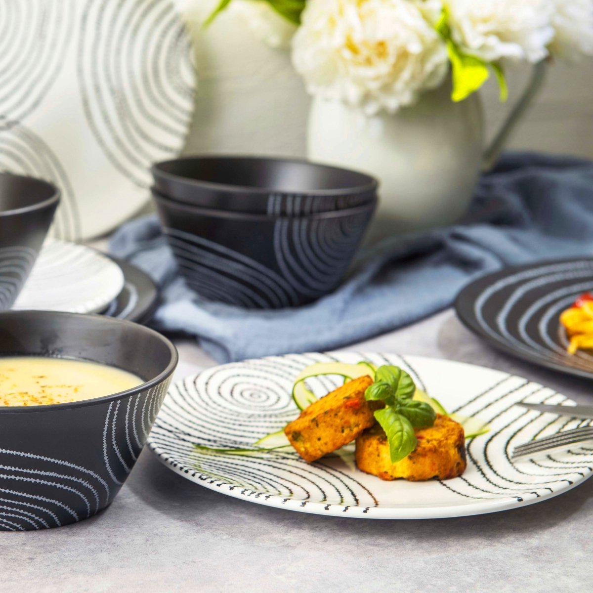 12-Piece Black Planet Melamine Dinnerware Set - Plates & Bowls for Outdoor Picnics, Camping, and Durable Everyday Use