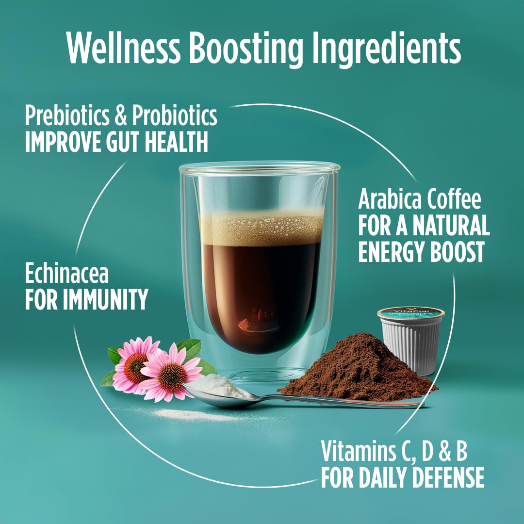 VitaCup Immunity Coffee Pods - Antioxidant Rich Medium Dark Roast with Echinacea, Probiotics, Vitamins C & D3 | 64 Recyclable K-Cups Compatible with Keurig Brewers | Boost Wellness for Busy Mornings & Workdays