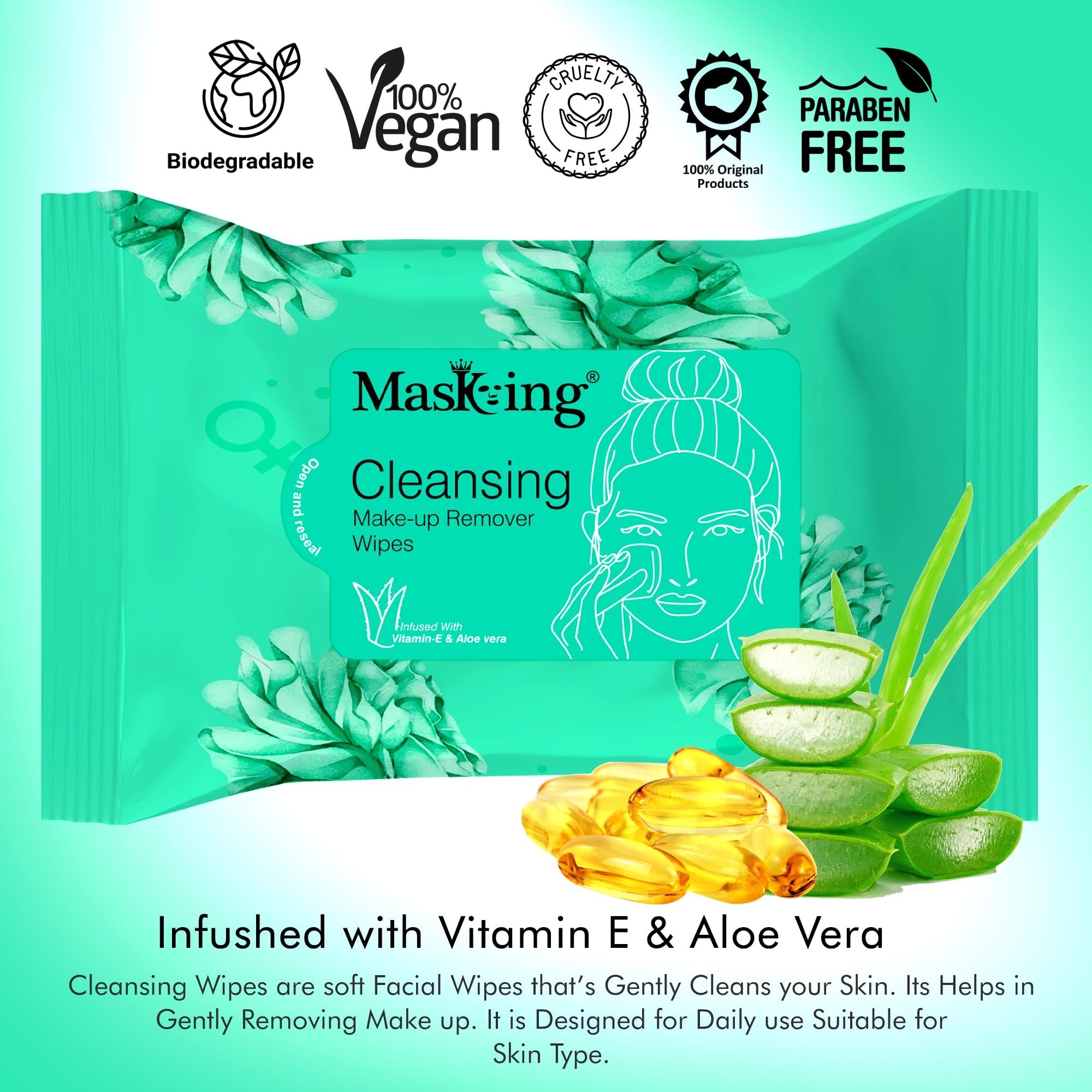 MasKing Cleansing Makeup Remover Wipes for Face with Aloe Vera & Vitamin E | 6-Pack (10 Wipes Each) | Gentle Makeup Removal & Skin Hydration | Perfect for Travel, Gym & Daily Skincare Routine