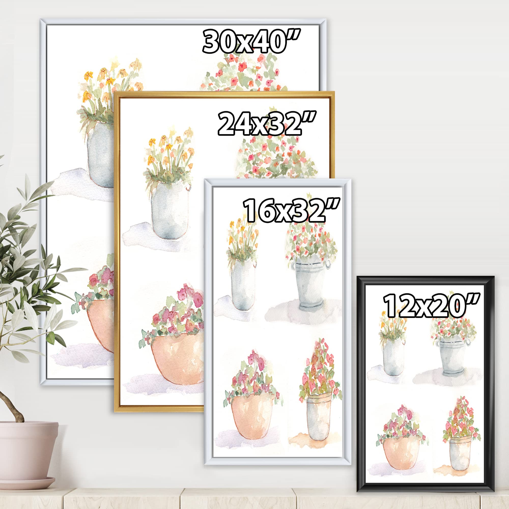 DesignQ Set of 4 Outdoor Flower Pots - Traditional Framed Canvas Wall Art Prints for Garden, Patio & Home Decor