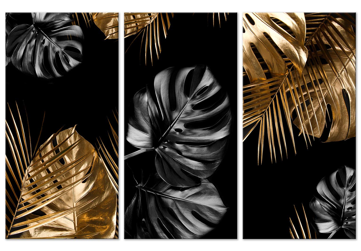 Artgeist Acoustic Canvas Wall Art - Set of 3 Soundproof Panels (47x31 inches) with Monstera & Palm Leaves Print, Black Botanical Sound Absorbing Foam Artwork for Home Theater, Office & Music Studio Decor