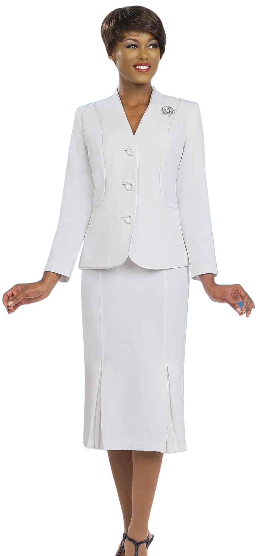 Ben Marc Women's Two-Piece Skirt Suit Set - Pleated Skirt with V-Neck Jacket & Removable Brooch (BM78098) | Professional Usher Suit for Weddings, Business Meetings & Formal Events
