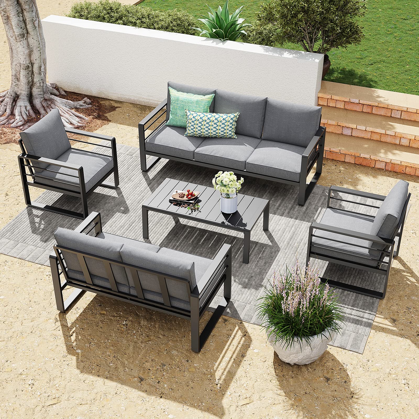 Aluminum Patio Furniture Set - 2-Seater Outdoor Loveseat Sofa with Olefin Cushions, All-Weather Dark Grey Metal Chairs, 600 lbs Weight Capacity for Deck, Garden & Backyard Relaxation