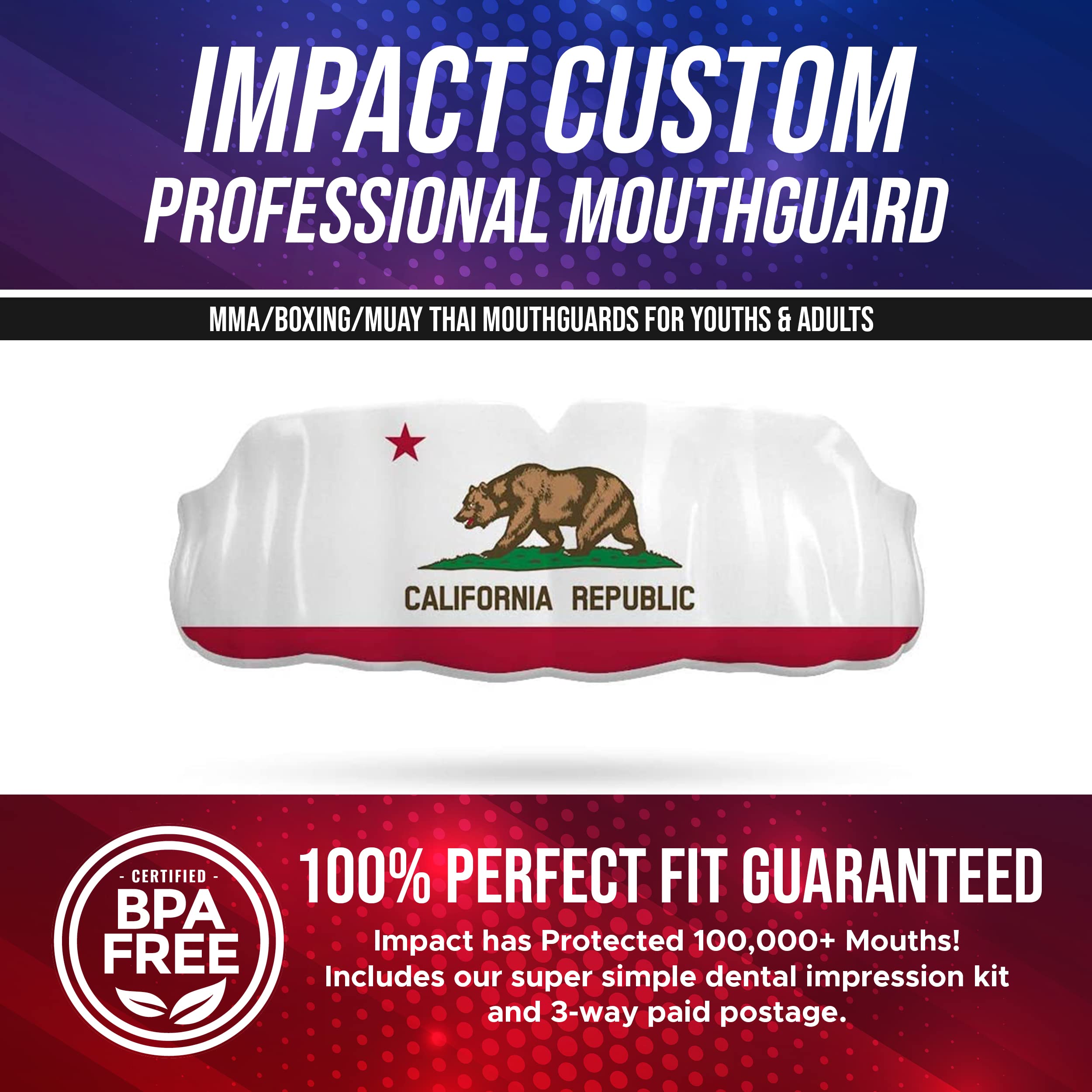 Impact Mouthguard for Boxing, MMA, Muay Thai - Professional Custom-Fit Sports Mouth Guards for Youth & Adults - California State Flag Design - Perfect for Training, Sparring & Competition