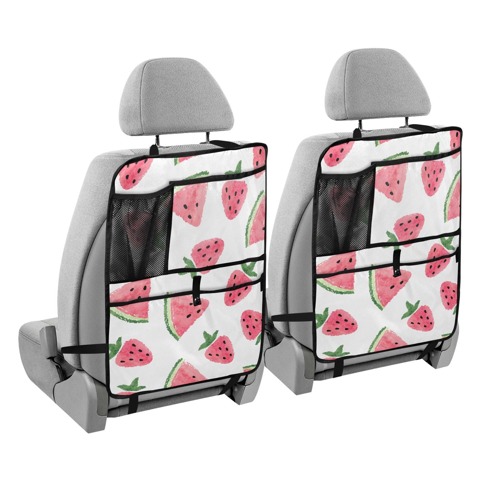 Aflyko Car Seat Back Organizer with Pockets - Watercolor Strawberry Watermelon Print, Pink Kick Mat & Backseat Protector - 1 Pack | Perfect for Road Trips, Family Travel & Keeping Your Vehicle Organized