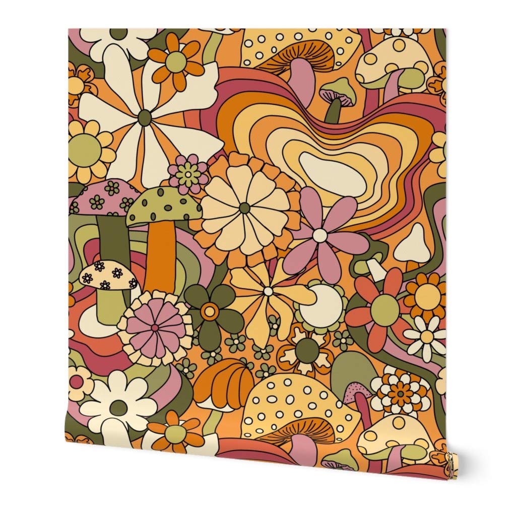 12ft x 2ft Removable Peel & Stick Wallpaper - Groovy Mushroom Garden Design | Self-Adhesive Wall Decor for Bedroom, Nursery & Living Room | Easy DIY Home Renovation by Spoonflower