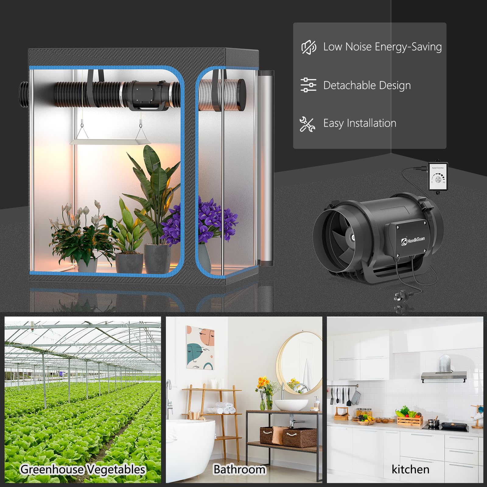 Hon&Guan 6 Inch Inline Duct Fan 469 CFM - Variable Speed EC Motor with Controller - HVAC Booster for Grow Tents, Hydroponics, Heating & Cooling Systems - Perfect for Indoor Gardening & Ventilation Solutions
