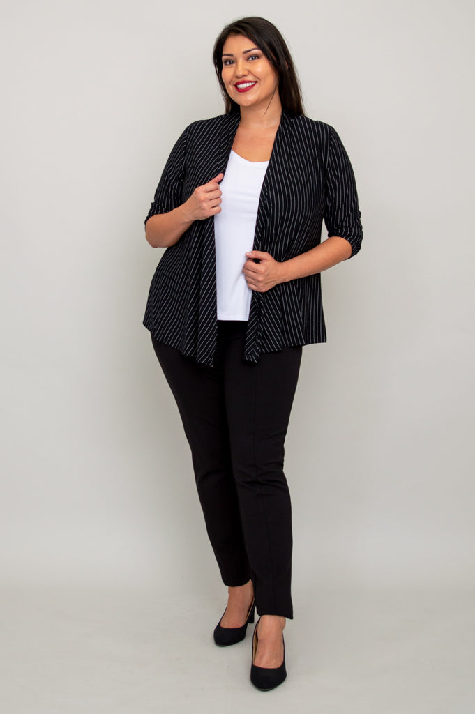 Kathy Jacket Women's Lightweight Blazer - Black & White Pin Stripe Bamboo Fabric - Perfect for Office Wear, Business Meetings & Professional Outfits