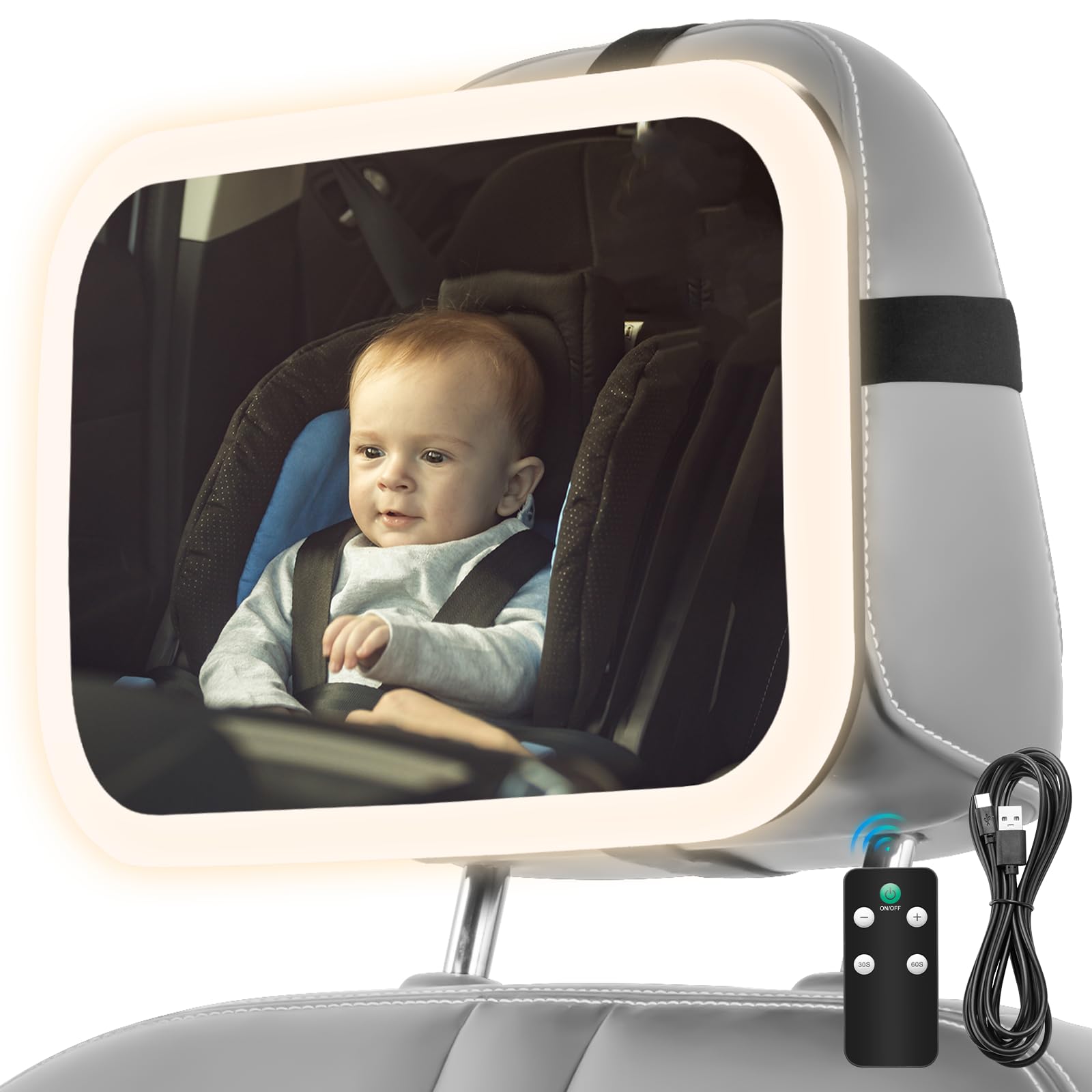 Baby Car Mirror with Light - 3000mAh Rechargeable, Shatterproof & Adjustable Rear-Facing Infant Mirror for Car Seats | Wide View, 360° Rotation, Remote Control | Safe Travel Essential for Newborns & Toddlers | Perfect for Road Trips, Daily Commutes & Long Drives