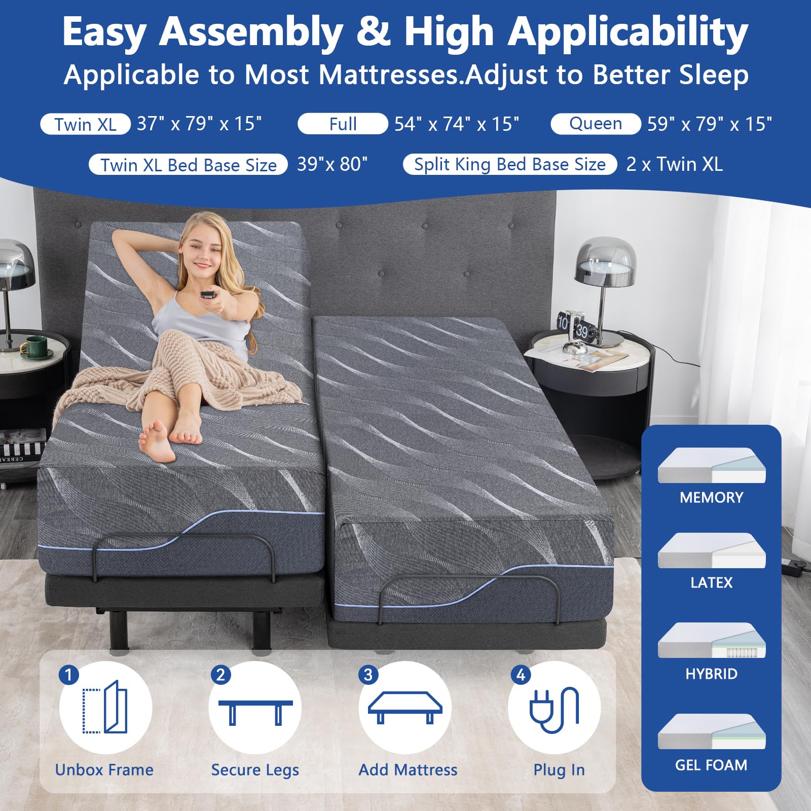 14 Inch Grey Gel Memory Foam Adjustable Smart Bed Base with Mattress - Medium-Firm Queen Size, Massage & Voice Control, Under-Bed Lighting - Perfect for Back Pain Relief, Home Theater & Reading in Bed