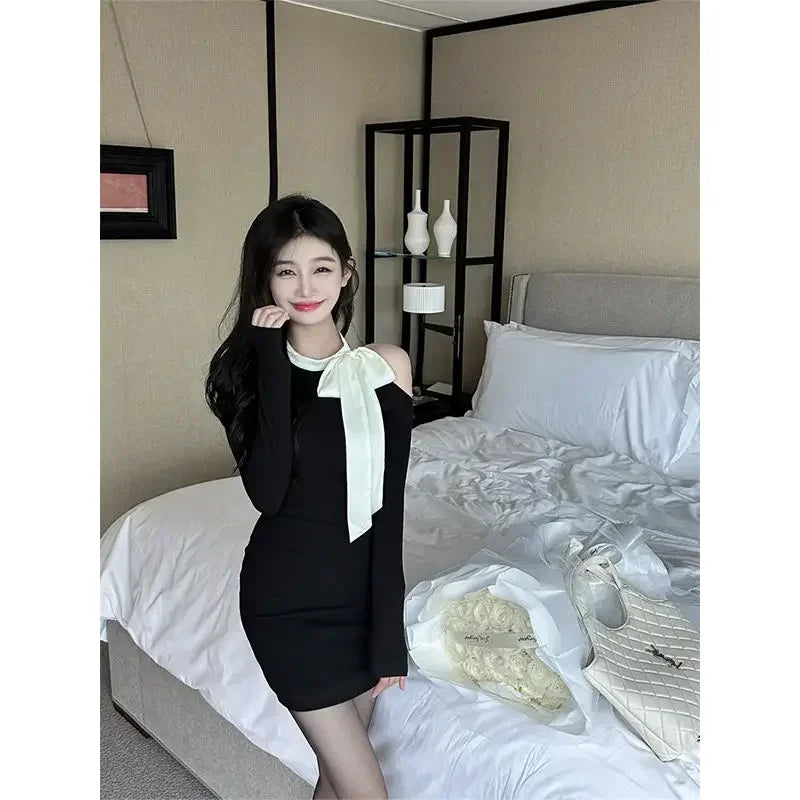Black Off Shoulder Bodycon Mini Dress for Women - Sexy Wrap Slim Short Party Dress | Korean Fashion Kpop Bow Design | Perfect for Evening Parties, Clubbing & Date Nights