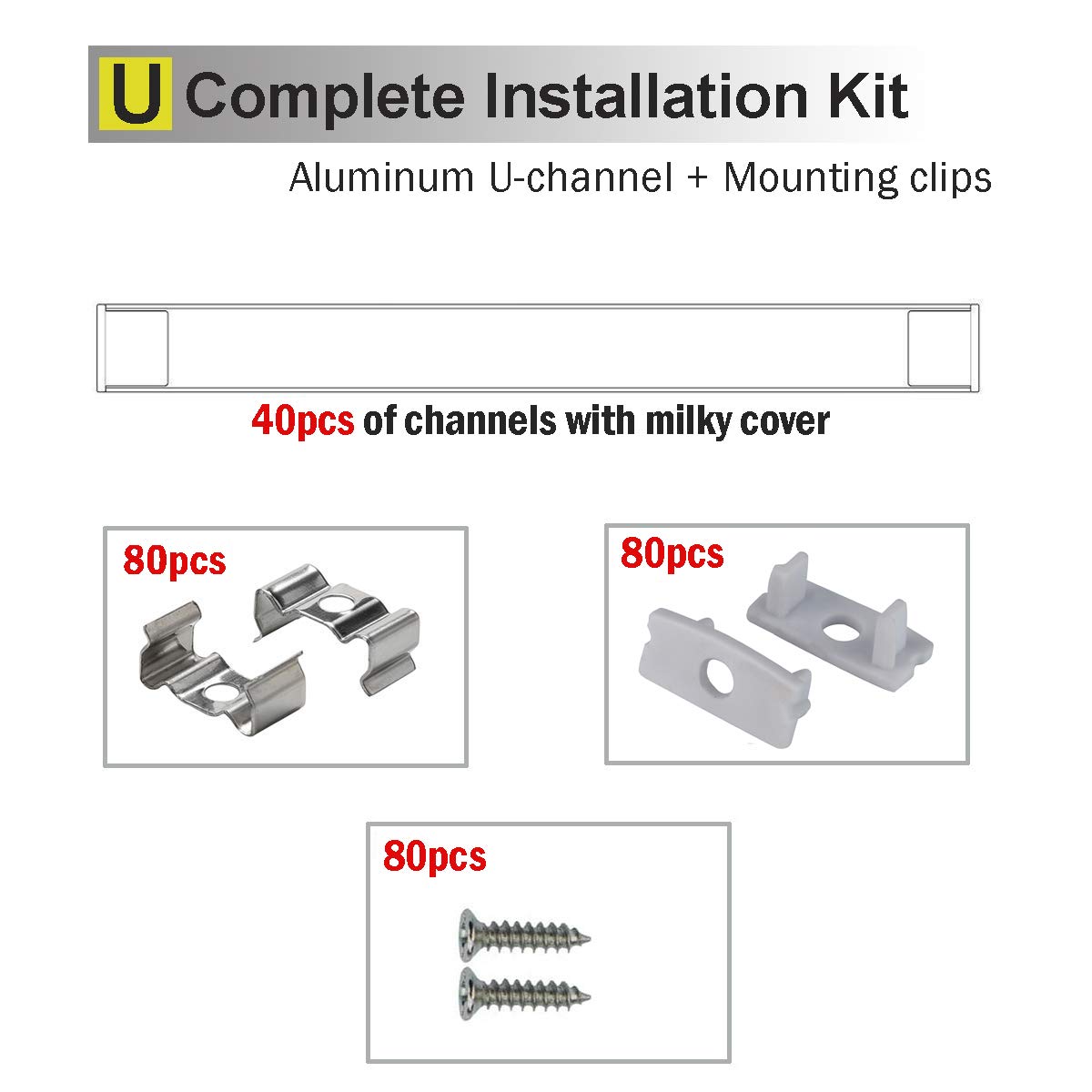 40x3.3ft LED Aluminum Channel with Cover & Mounting Kit - Professional LED Strip Light Diffuser Profile for Home, Kitchen, Cabinet Lighting Installation