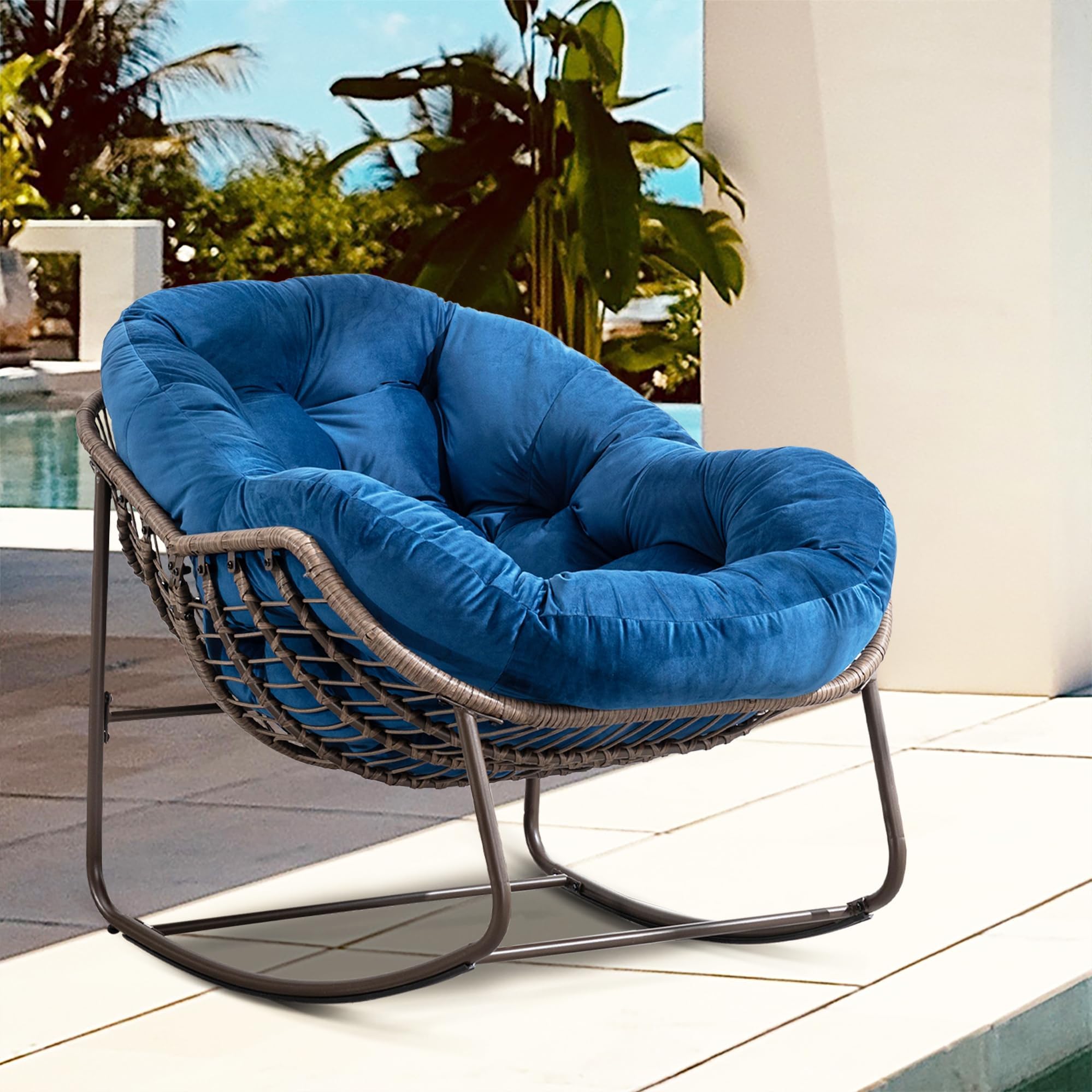 Oversized Wicker Papasan Glider Rocking Chair - Comfortable Patio & Indoor Rocker Recliner for Living Room, Nursery, Bedroom, Front Porch - Blue Accent Lounge Chair for Relaxing, Reading & Napping (1 Chair)
