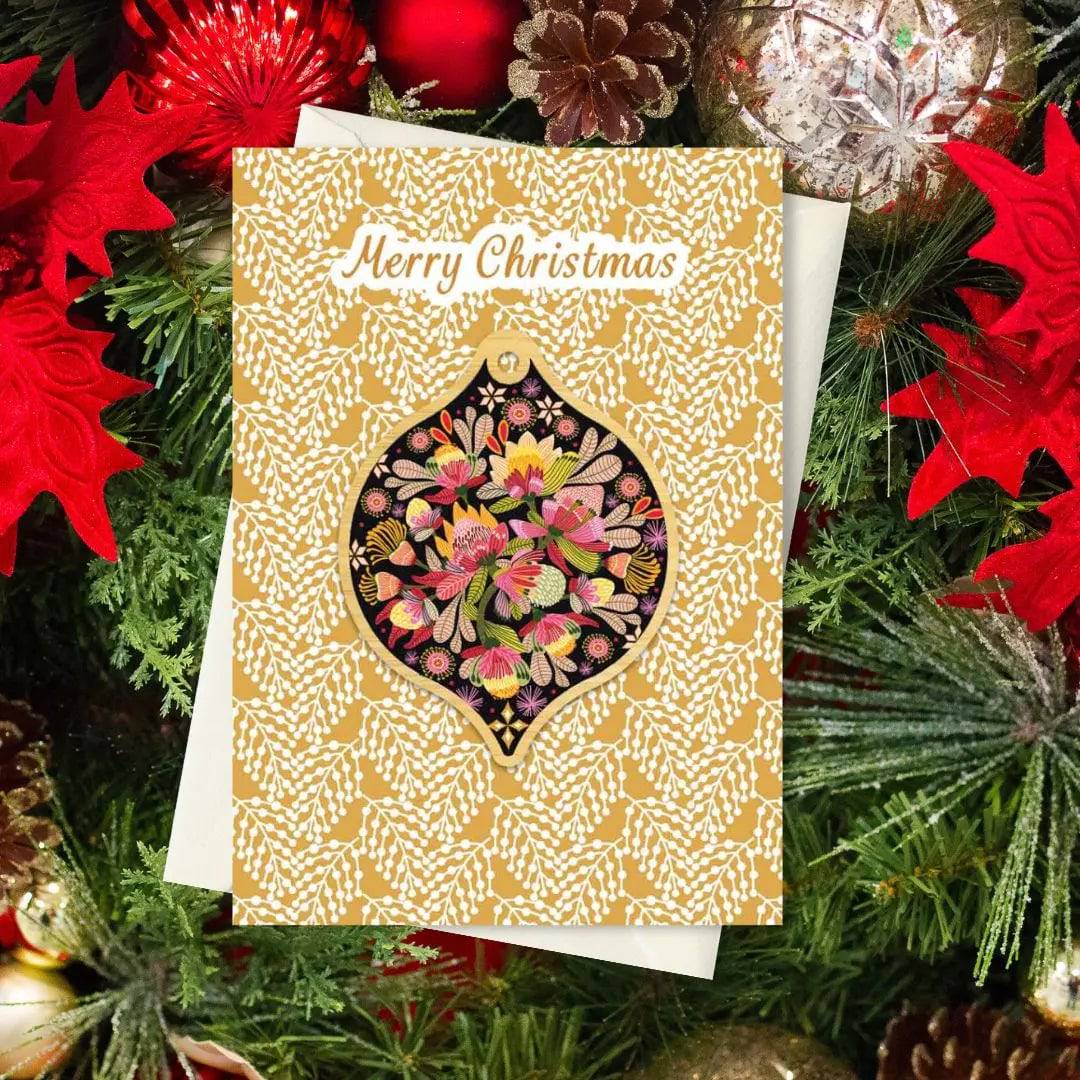 Wild Proteas Christmas Card & Wooden Ornament - Festive Holiday Greeting Card Set with Floral Design for Xmas Tree Decorations & Gift Giving