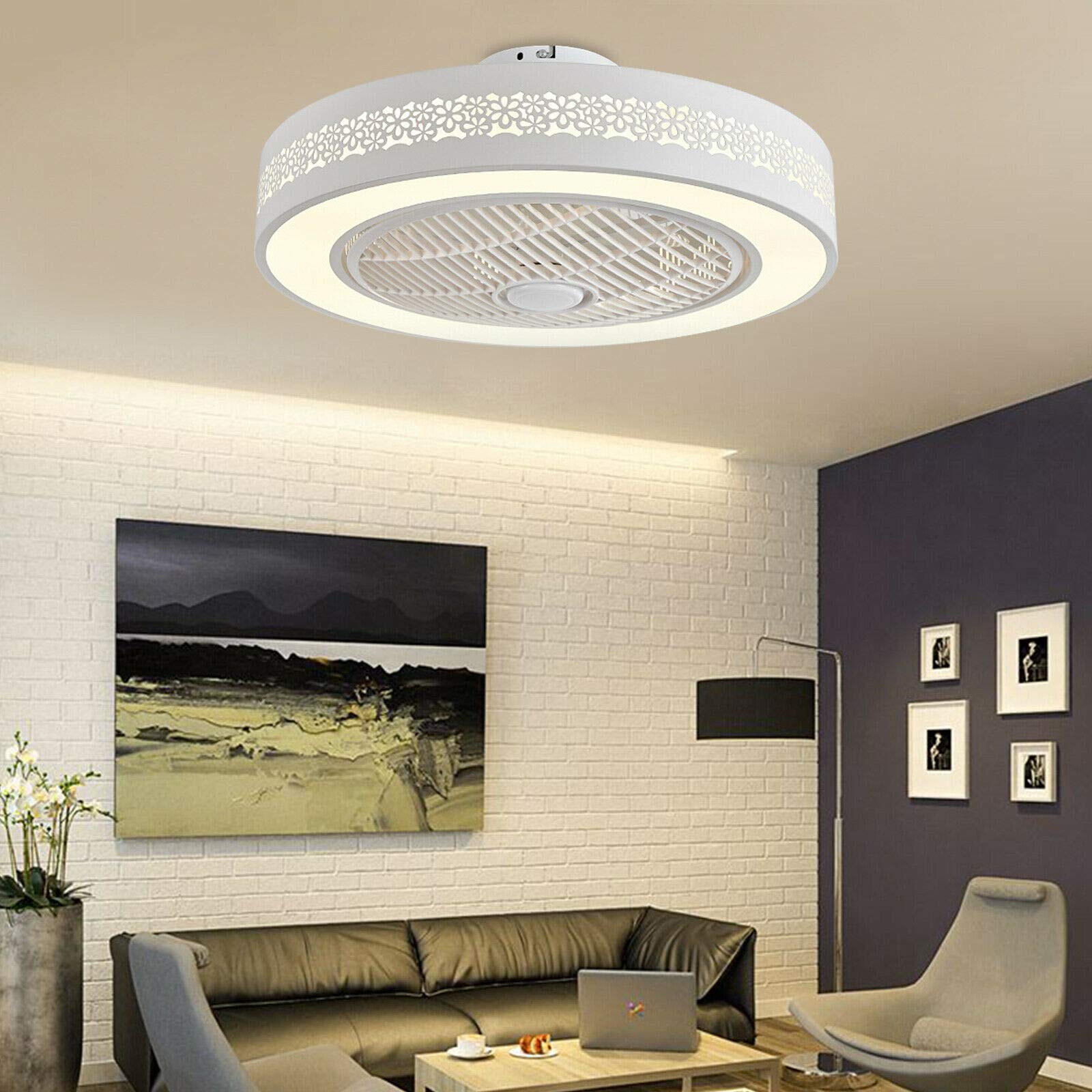 22'' Invisible Blade LED Ceiling Fan with Lights - Dimmable Remote Control, 3 Colors & 3 Speeds, 32W Modern Flush Mount Chandelier for Living Room, Bedroom, Dining Room - White