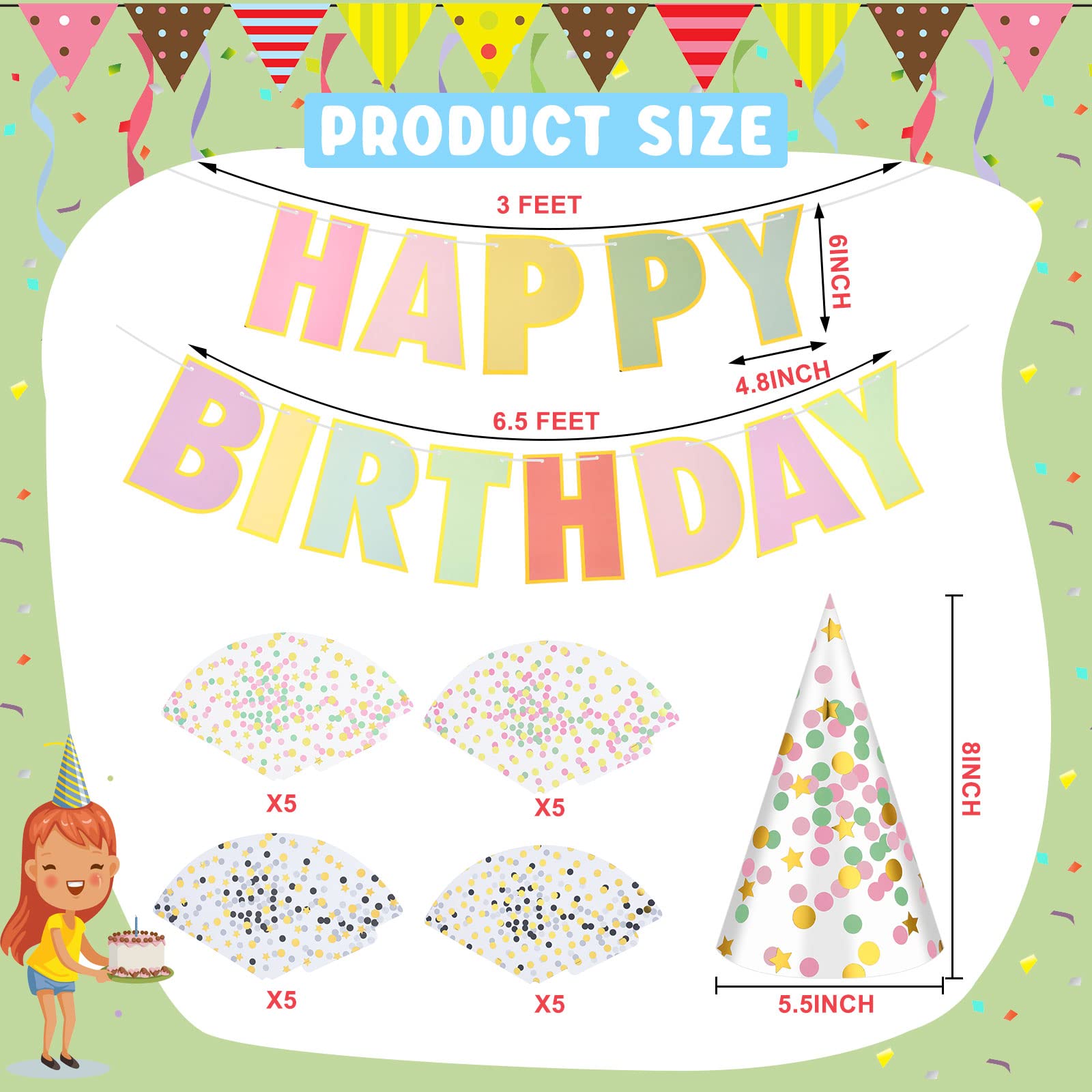 20 Pcs Pink Birthday Party Hats for Kids - Pastel Rainbow Star Dot Party Hats with Banner - Birthday Party Decorations & Classroom Supplies for Girls Boys - Perfect for Birthday Celebrations, Classroom Activities & Festive Events