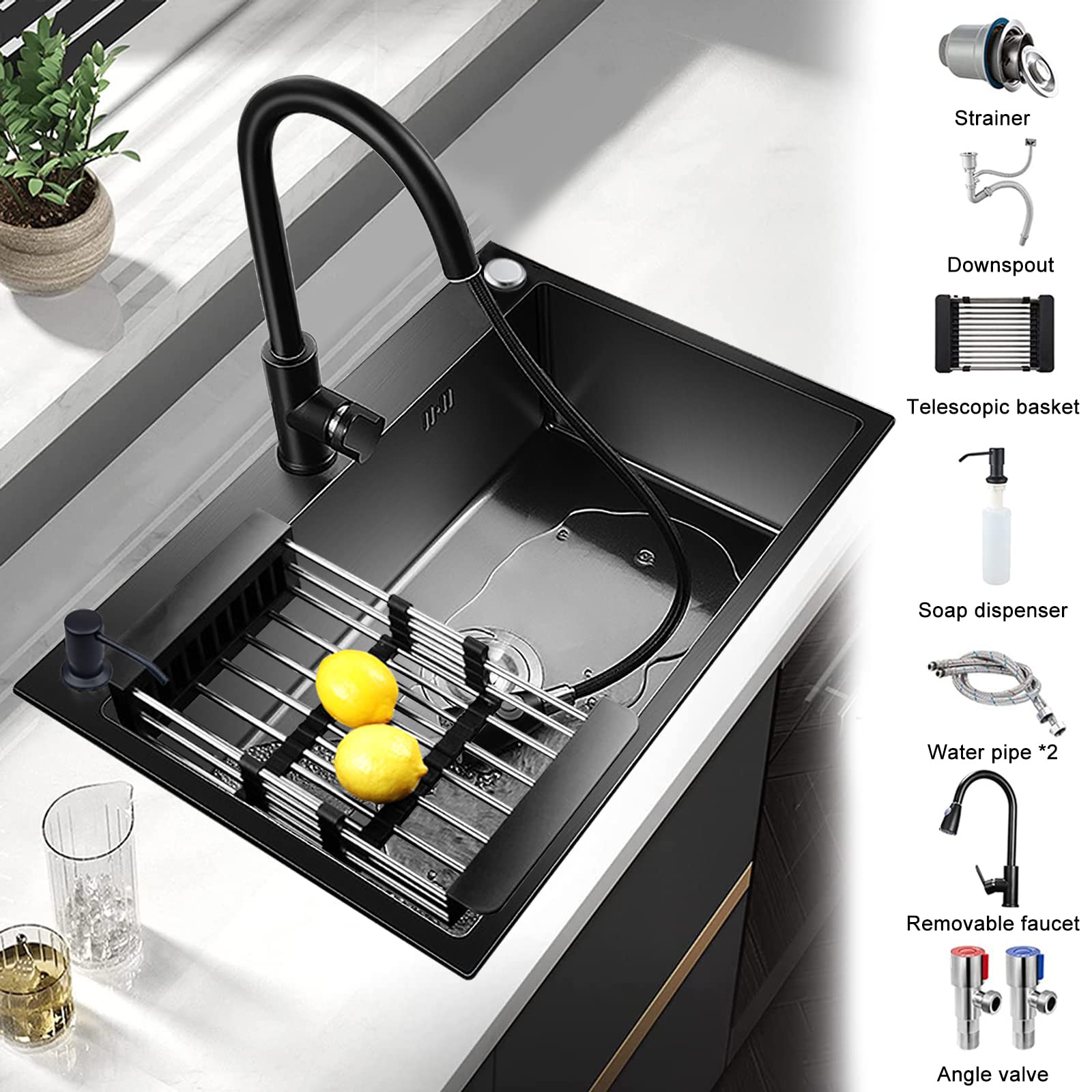 Undermount Single Bowl Kitchen Sink with Faucet - 304 Stainless Steel, Large Capacity, Black Nano Coating - Perfect for Home Kitchen Renovation & Heavy-Duty Cooking