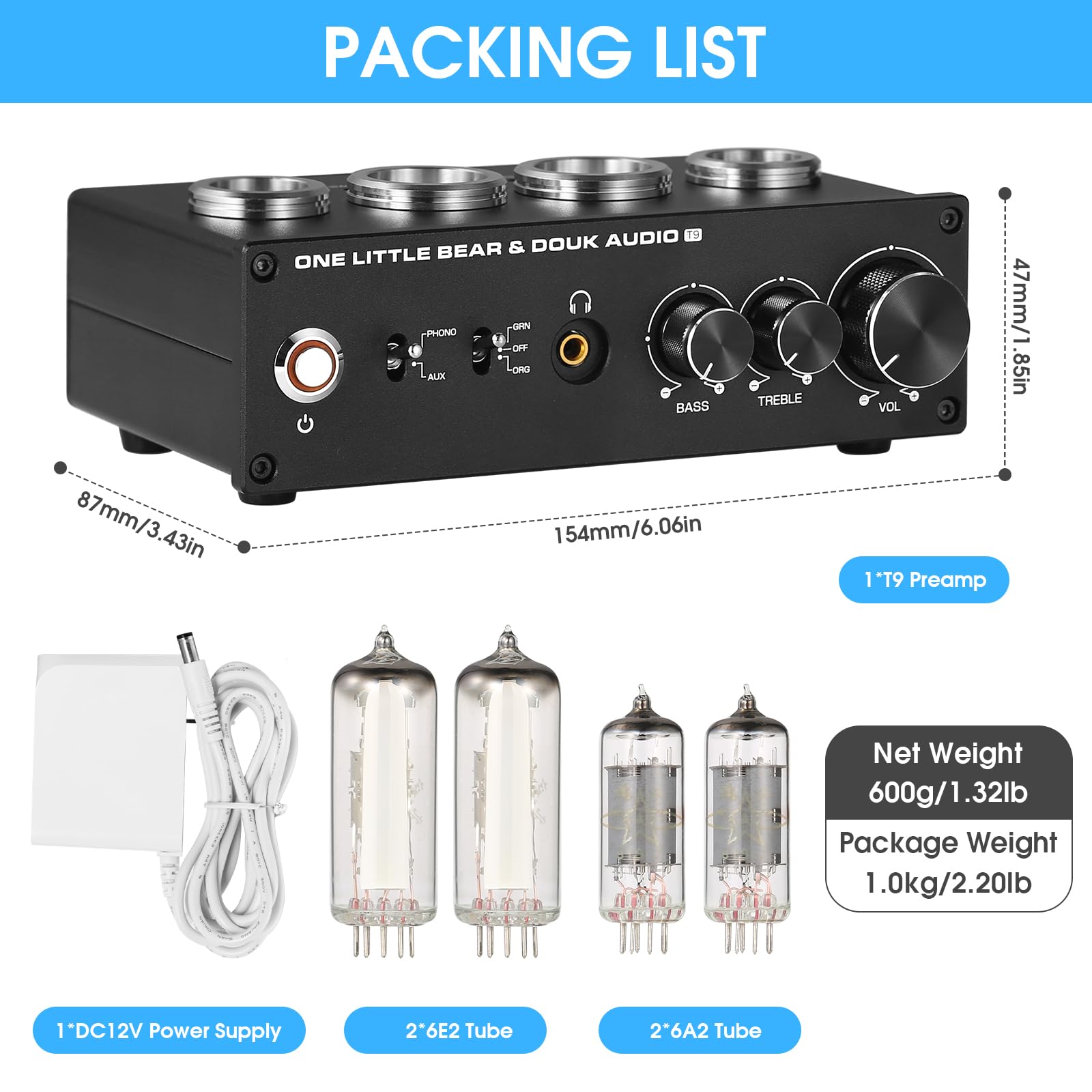 Douk Audio T9 Vacuum Tube Phono Preamp - Stereo Turntable Preamplifier with MM/MC Support, Headphone Output & Bass/Treble Control | Hi-Fi Audio System for Vinyl Record Players, Home Theater & Audiophile Setups