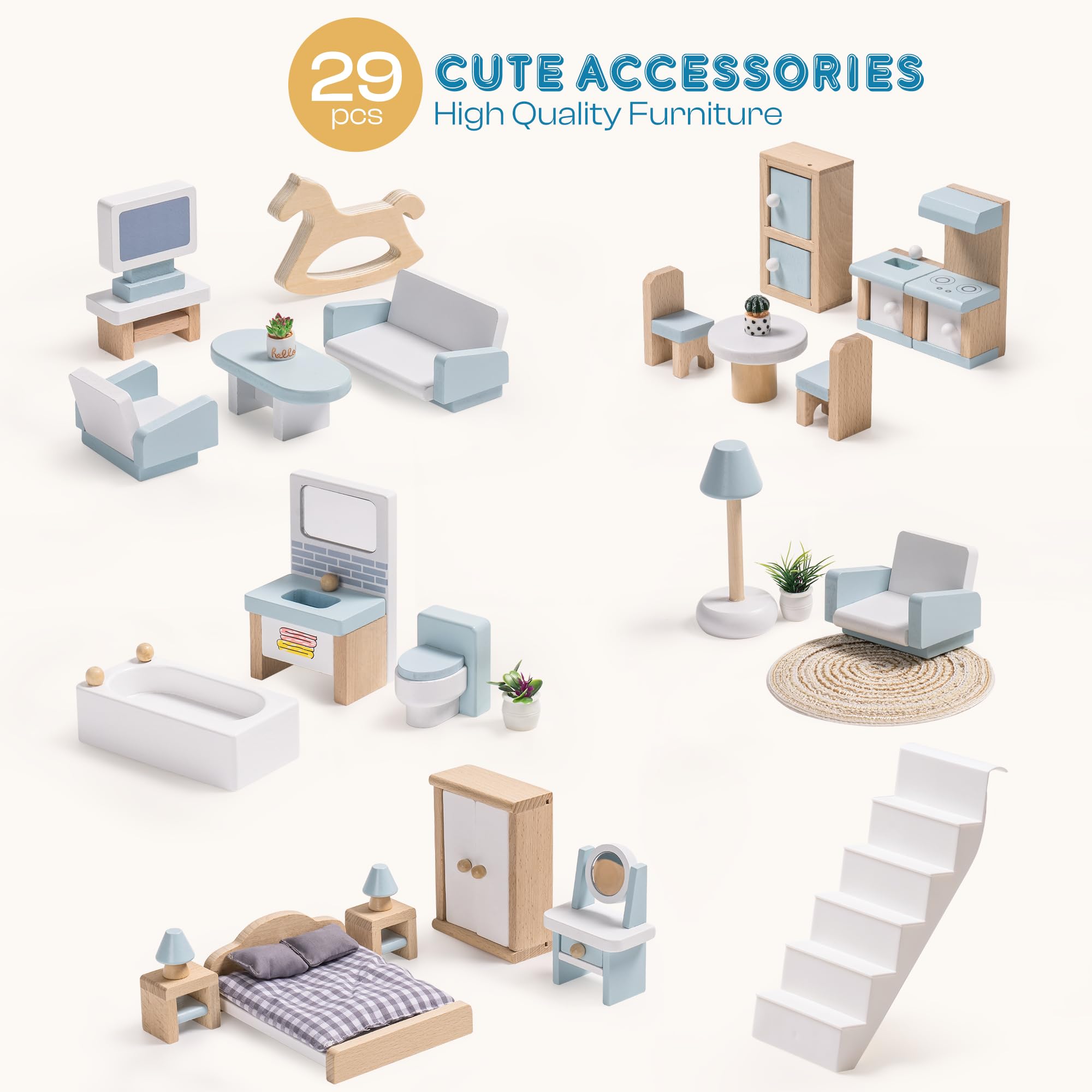 ROBOTIME Wooden Dollhouse with 29 Pieces of Furniture - 6 Room Miniature House for 4-6 Inch Dolls - Creative Gift for Kids Ages 3+ - Perfect for Pretend Play, Birthday Gifts & Home Decor