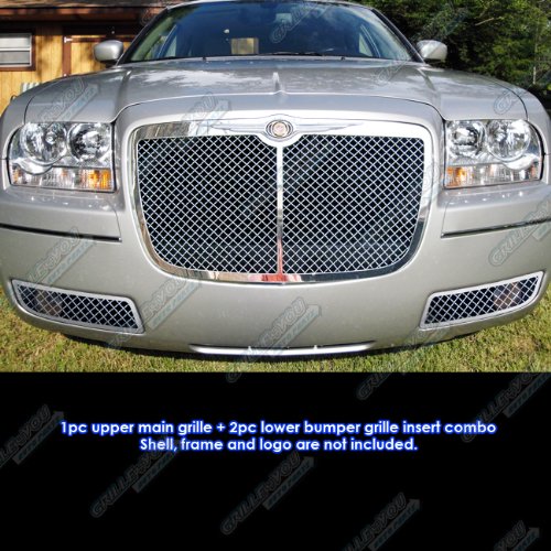 APS Compatible with Chrysler 300 2005-2010 Fog Lights & Full Covered Bumper Grille Insert Combo - Stainless Steel Chrome Mesh Front Grill (S18-W03117R) - Perfect for Car Customization & Front End Protection