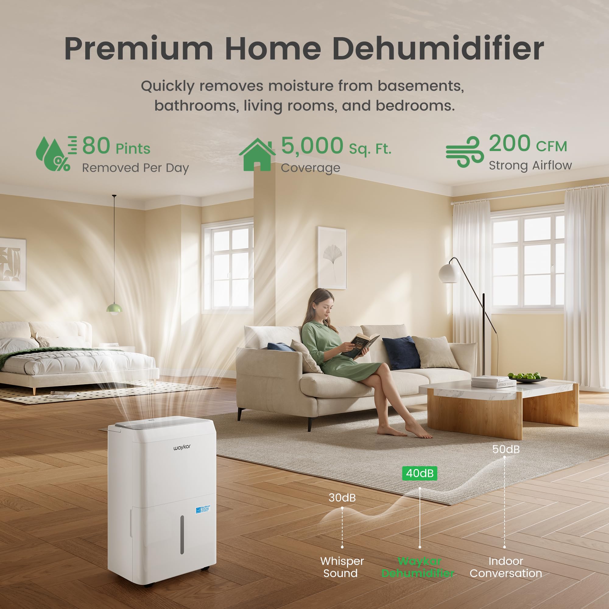 Waykar 80 Pint Energy Star Certified Dehumidifier for Large Spaces up to 5,000 Sq. Ft - Ultra Quiet (40 dB) with Auto Defrost & Drain Hose - Perfect for Home, Basement, Garage, RV and Damp Areas - Removes Moisture, Prevents Mold & Improves Air Quality