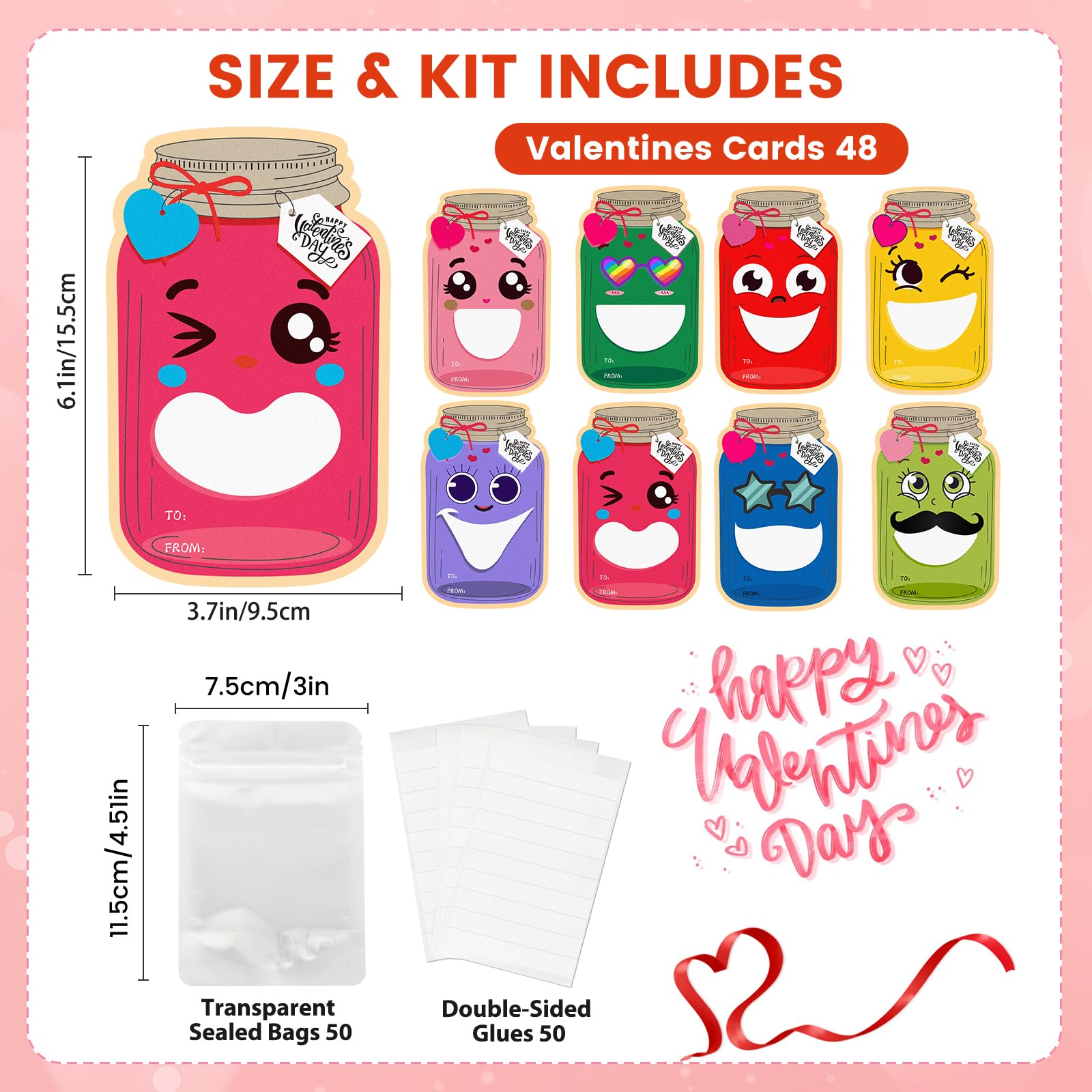 48 Pack Valentine's Day Cards for Kids - Mason Jar Themed Classroom Exchange Cards with Treat Bags for Boys, Girls, Toddlers & Friends | School Party Supplies, Classroom Prizes, Gift Exchange (Candy Not Included) | Perfect for Valentine's Classroom Activities, School Parties & Kids' Gift Giving