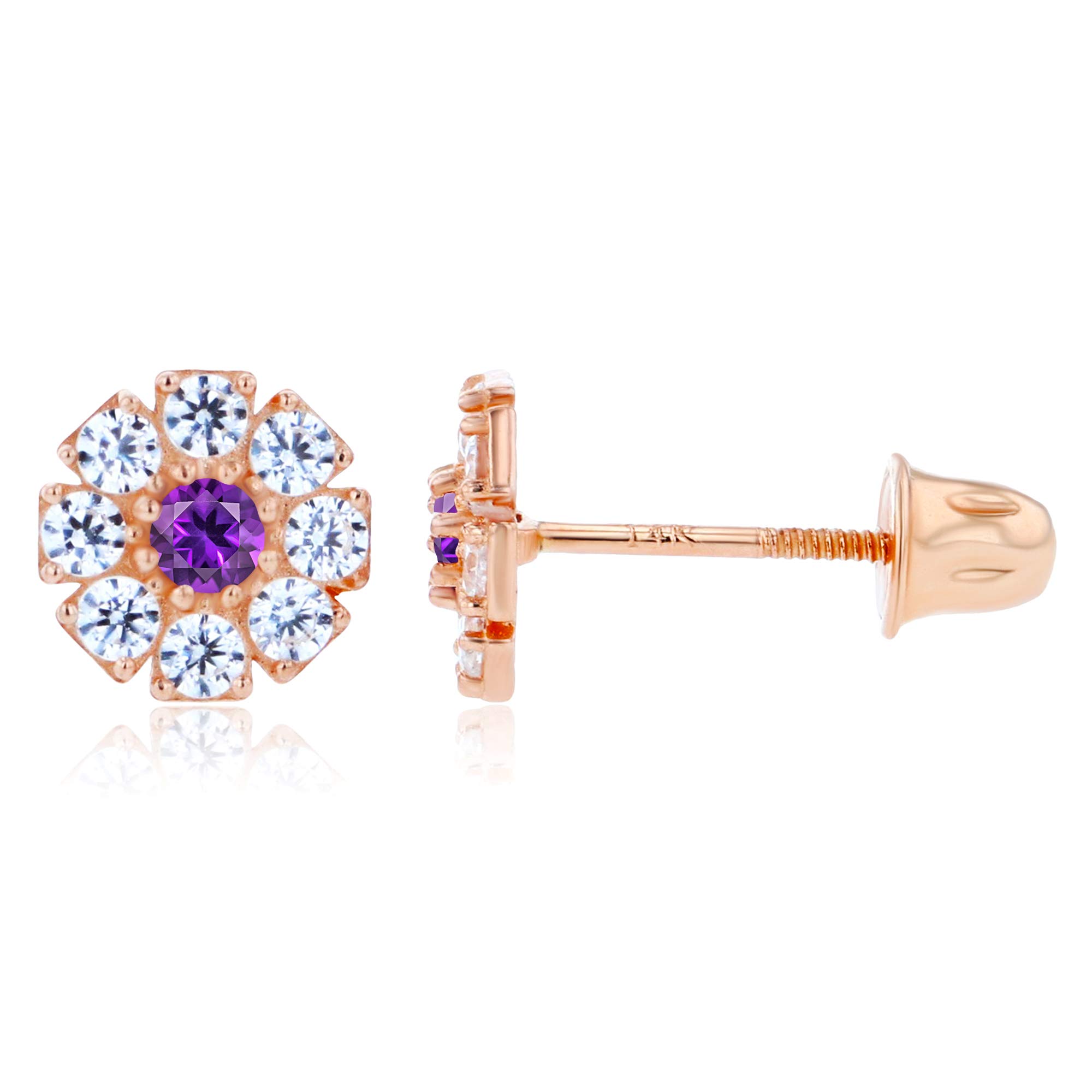 14K Solid Gold Flower Birthstone Screwback Earrings for Women | 6mm Floral Design with 2mm Genuine Birthstone & 1.5mm Round White Sapphire Accents | Perfect for Weddings, Anniversaries, Birthday Gifts and Everyday Elegance