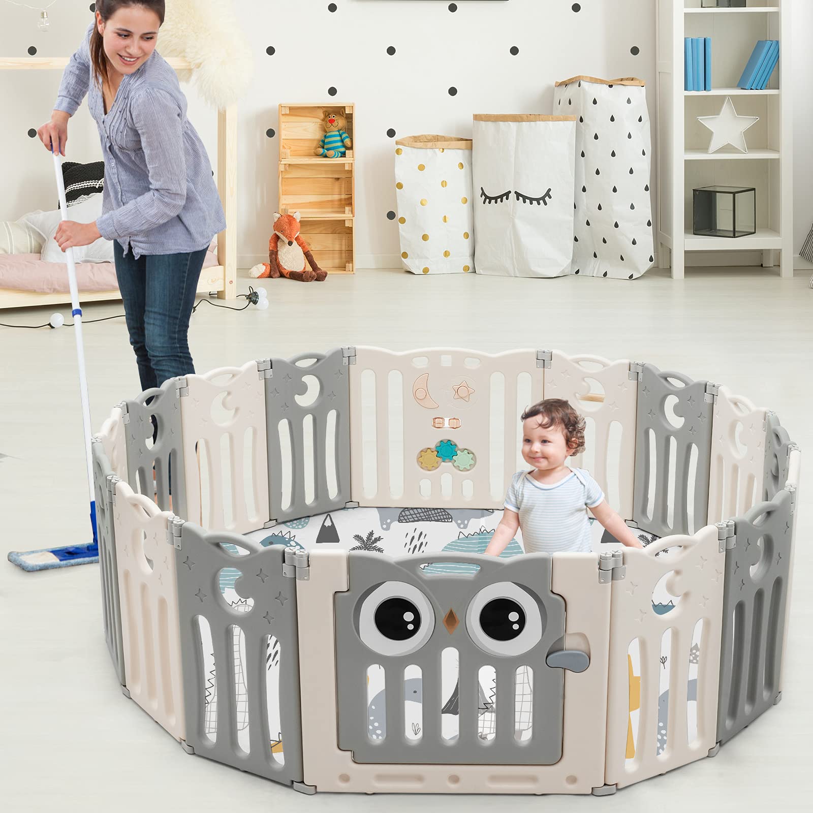 HONEY JOY 16-Panel Baby Playpen with Anti-Slip Base & Lockable Door - Owl Design Play Yard for Toddlers, Indoor Portable Safety Fence for Boys & Girls (Beige) - Perfect for Playrooms, Living Rooms & Daycare Centers