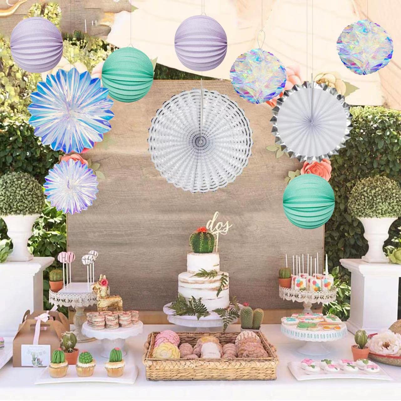 Cheerland Iridescent Holographic Party Decorations Set - Disco Ball Birthday Wedding Baby Shower Decorations - Hanging Paper Fans & Pompom Decor for Anniversary Bridal Shower Party Supplies (Perfect for Dance Parties, Photo Backdrops & Festive Events)