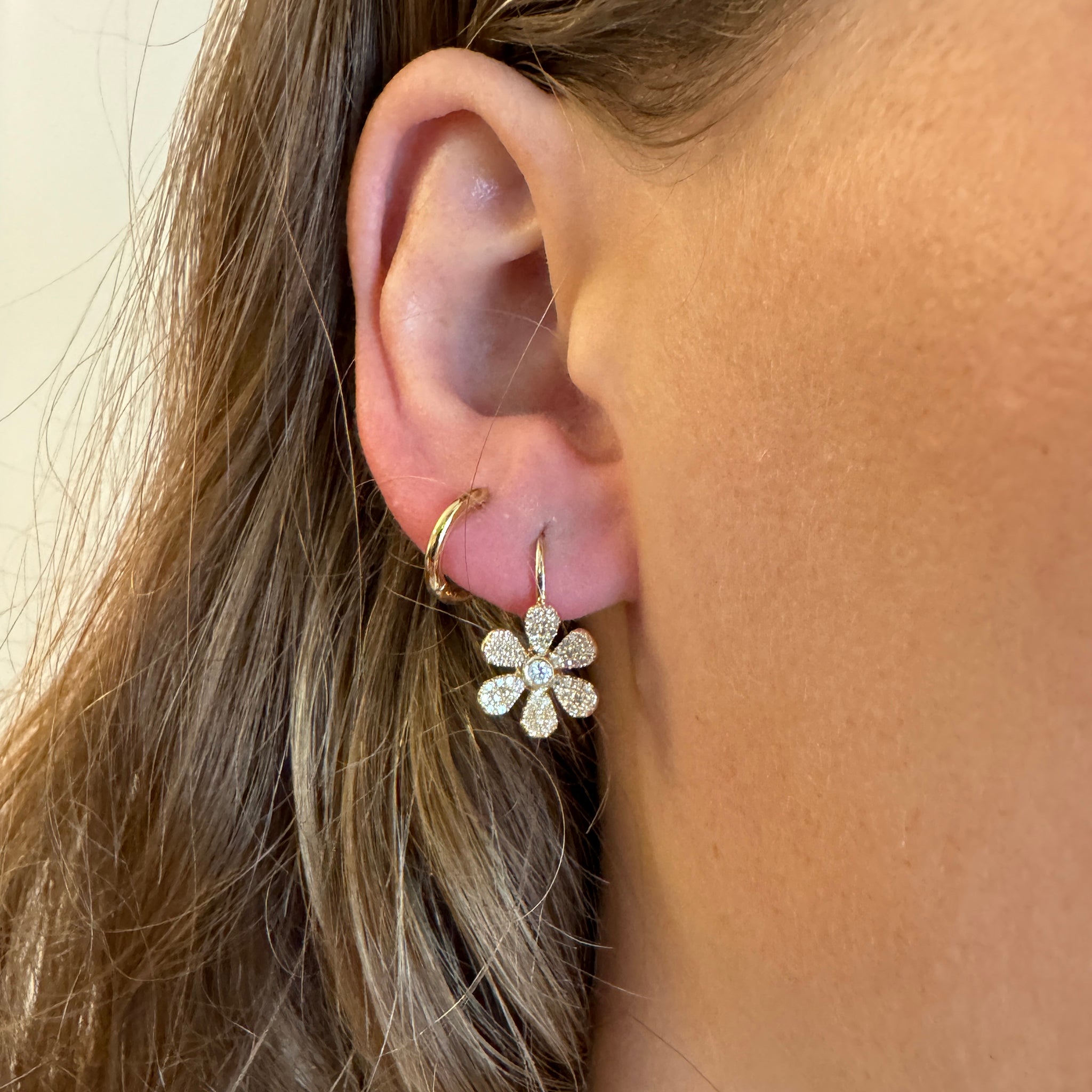 14K Yellow Gold Diamond Pavé Flower Leverback Earrings - Elegant Dangle Earrings for Women, Perfect for Weddings, Parties & Special Occasions