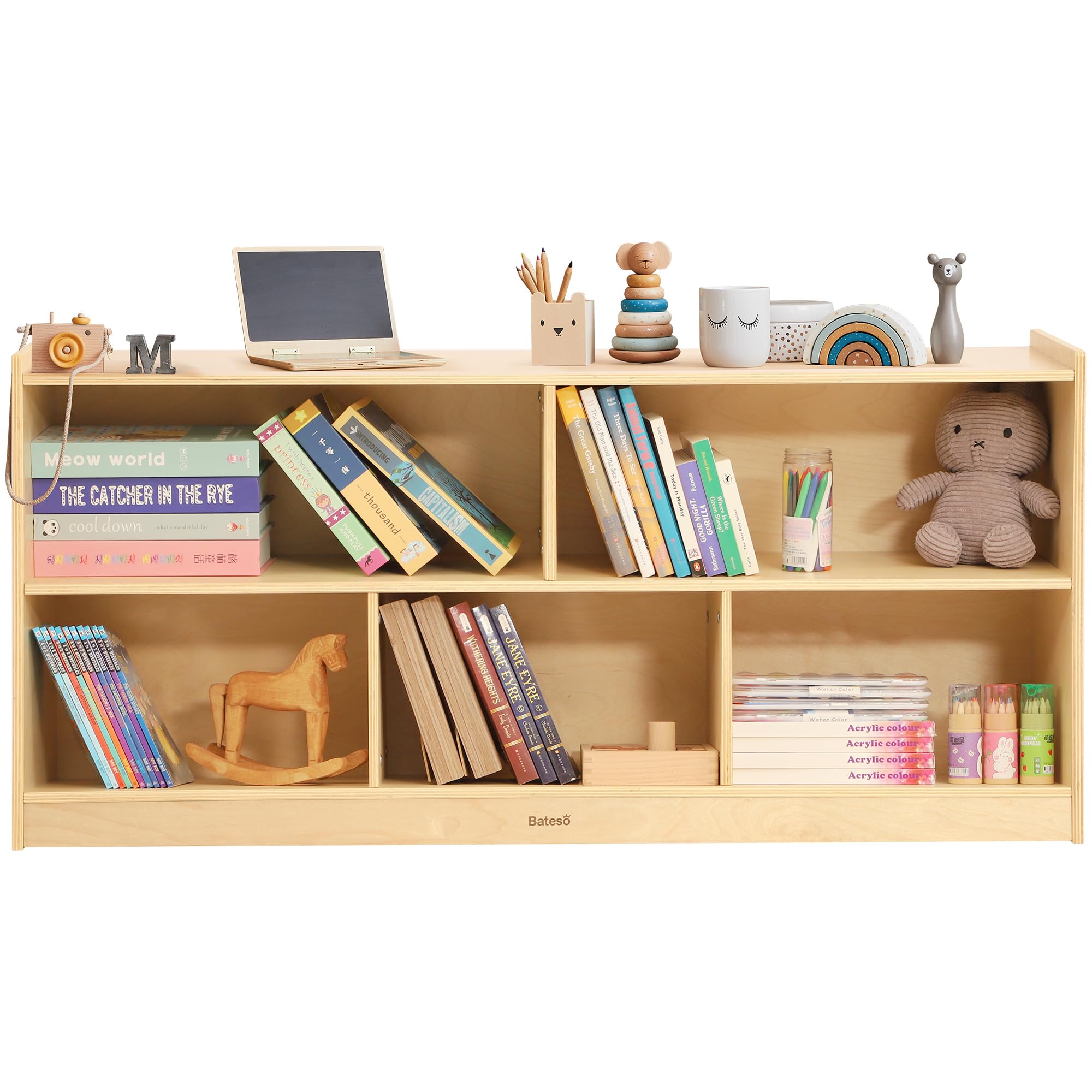 Large Wooden Toy Storage Organizer - 2-Shelf Montessori Bookshelf & 5-Section Kids Bookcase - Sturdy Classroom Storage Cabinet & Toddler Toy Shelf for Kids Room, Playroom, Nursery - Perfect for Organizing Toys, Books, and Learning Materials in Daycare, Preschool, or Home Play Areas