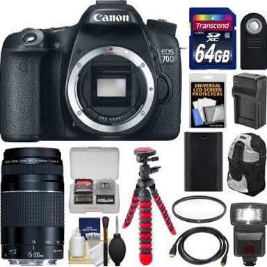 Canon EOS 70D/80D DSLR Camera with 75-300mm III Lens Kit - 64GB Memory Card, Backpack, Flash, Battery Charger & Tripod for Photography & Videography