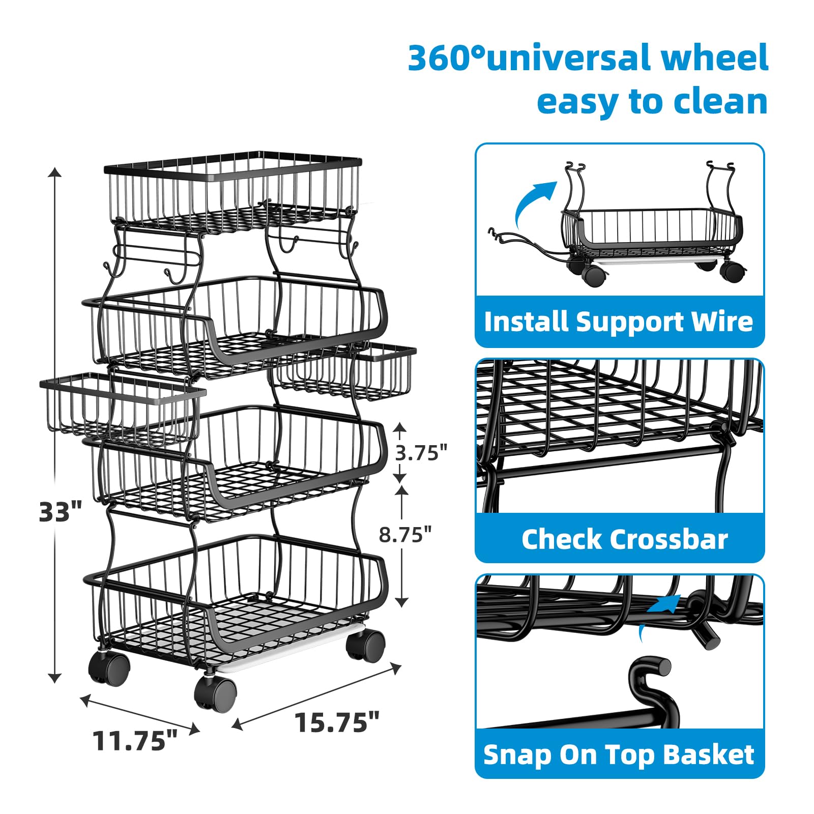 4-Tier Rolling Kitchen Cart with Wheels - Stackable Metal Wire Basket Organizer for Fruits, Vegetables, Bread & Snacks - Includes 2 Hanging Baskets - Perfect for Pantry, Grocery Storage & Small Space Organization (Black)