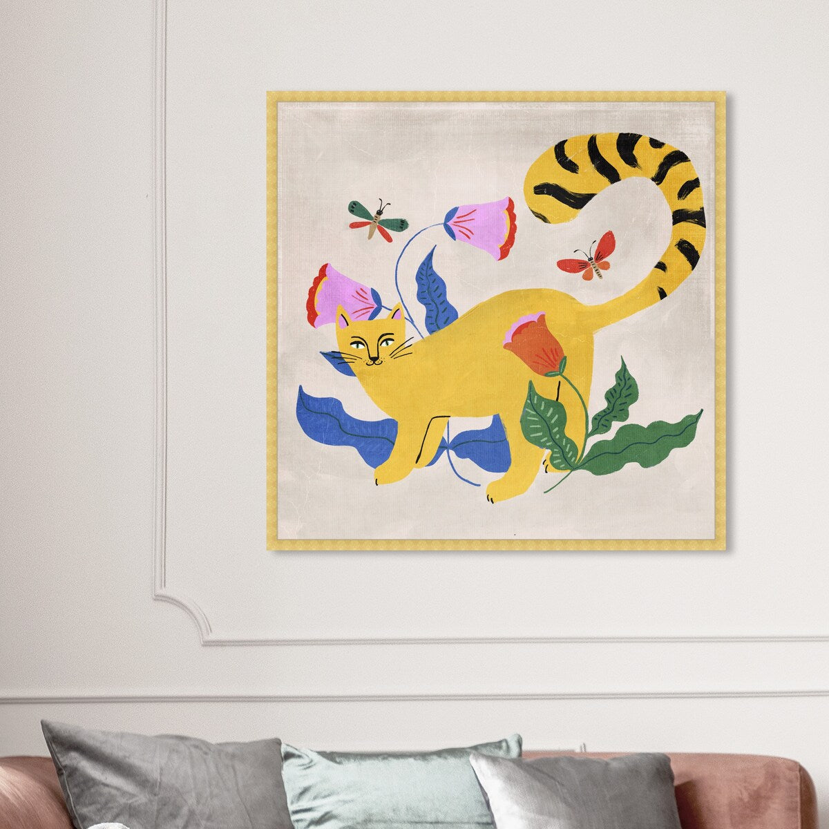 Blonde Tabby Floral Kitten Butterfly Garden Modern Yellow Framed Wall Art Print - Perfect for Bedroom, Nursery & Home Decor
