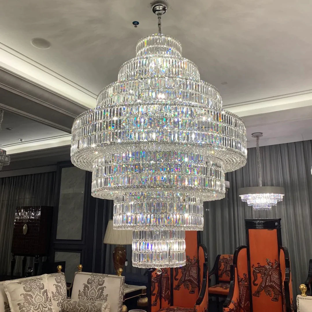 Multi-Tiered Round Chandelier - Bright Large Crystal Ceiling Light Fixture for Living Room, Duplex, Staircase & Entryway - Perfect for Dining Room Lighting, Foyer Decor & Stairwell Illumination