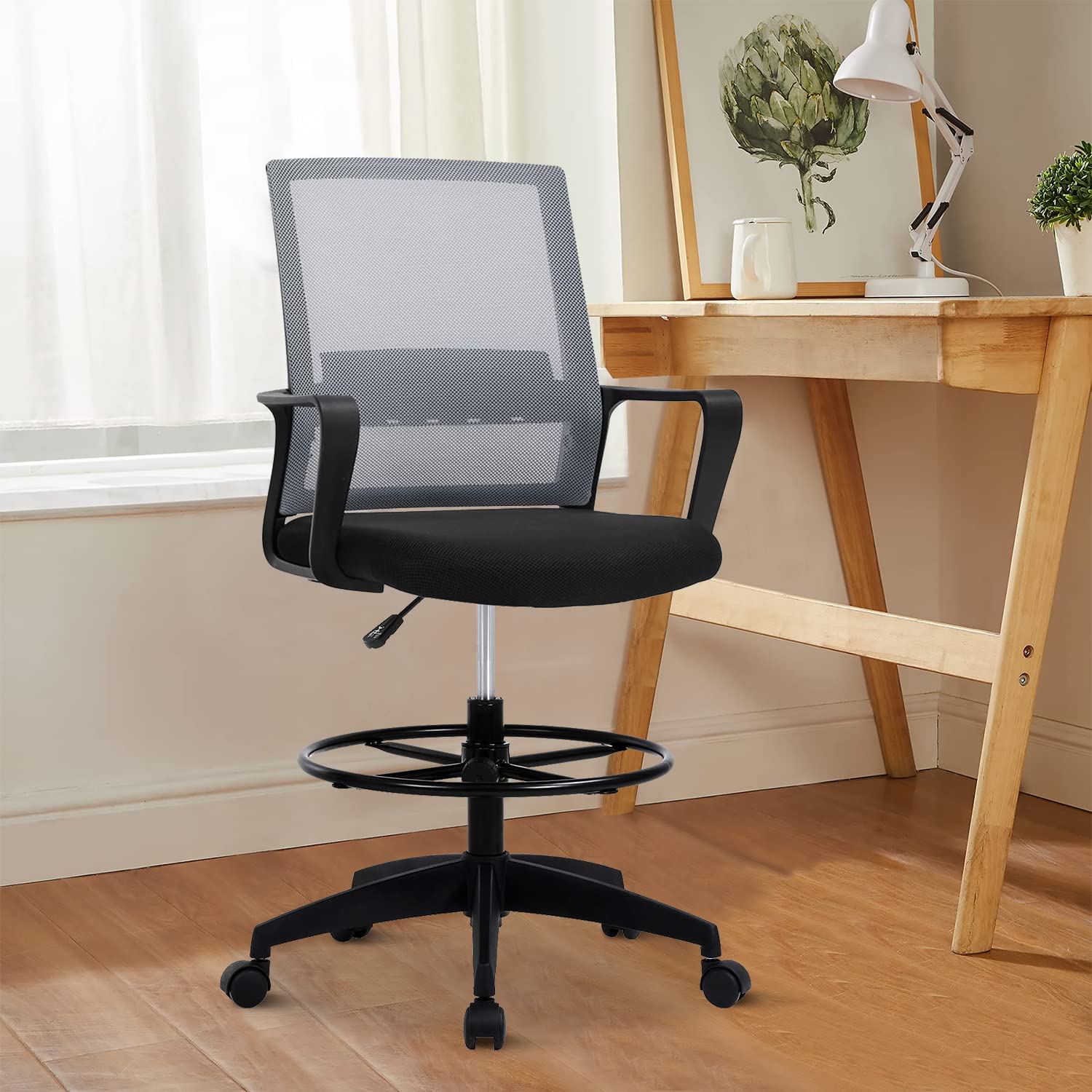 MKDLUFEI Ergonomic Drafting Chair with Mesh Back & Lumbar Support - Adjustable Height Office Chair with Foot Pedal & Arms - Perfect for Architects, Designers, Gaming & Home Office Workspace (Grey)