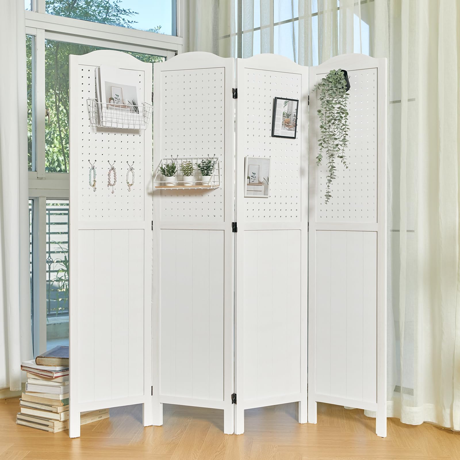 4 Panel Wooden Pegboard Display - 5.75Ft Freestanding Room Divider & Privacy Screen for Craft Fairs, Exhibitions, Trade Shows - White Folding Partition for Booth Decoration & Retail Display - Perfect for Craft Rooms, Home Offices, and Event Spaces