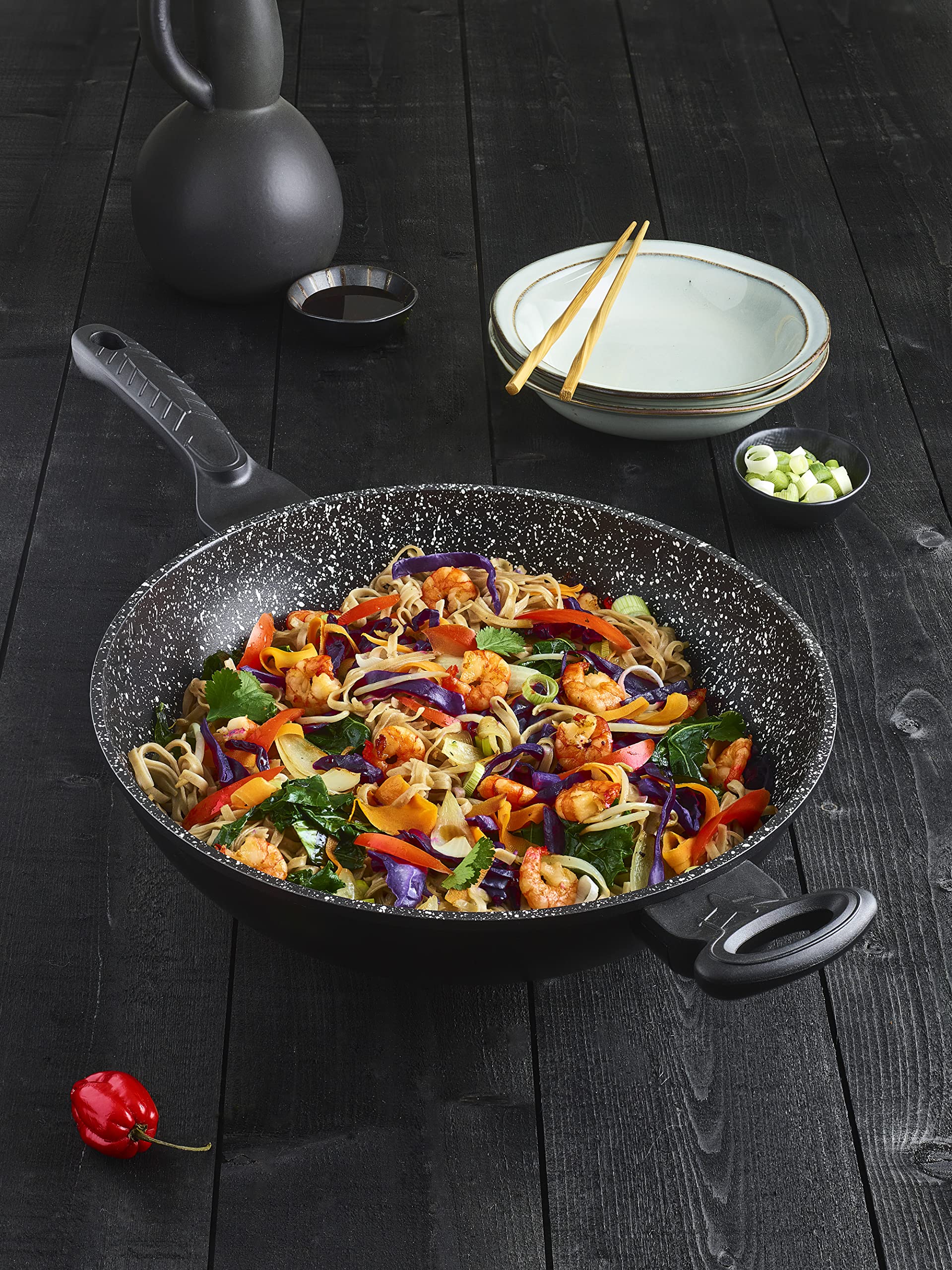 Pradel Excellence 52885M 32cm Stone-Type Wok with Glass Lid - Premium Non-Stick Stir Fry Pan for Asian Cooking, Home Chef & Restaurant Use