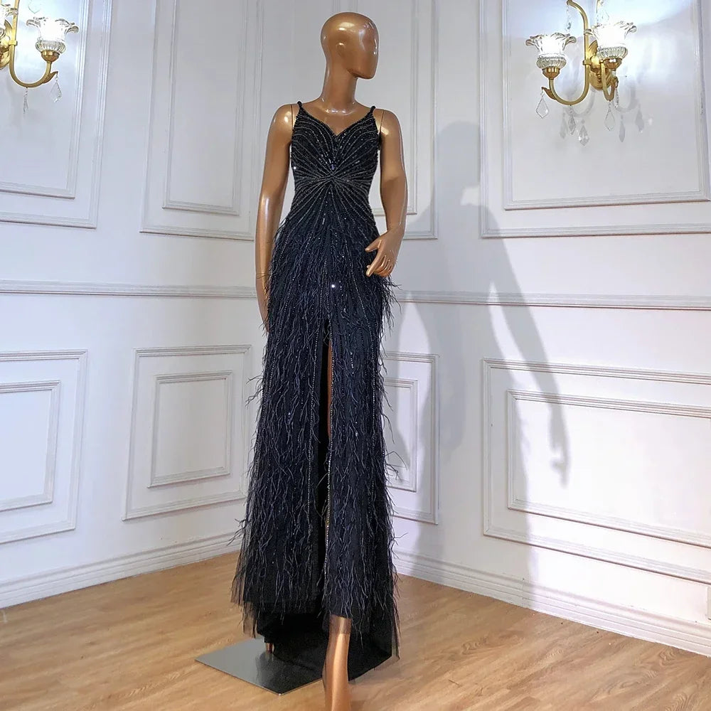 Elegant Arabic Black Feather Beaded Mermaid Evening Gown with High Slit - LA70623 | Formal Dress for Prom, Gala & Special Occasions