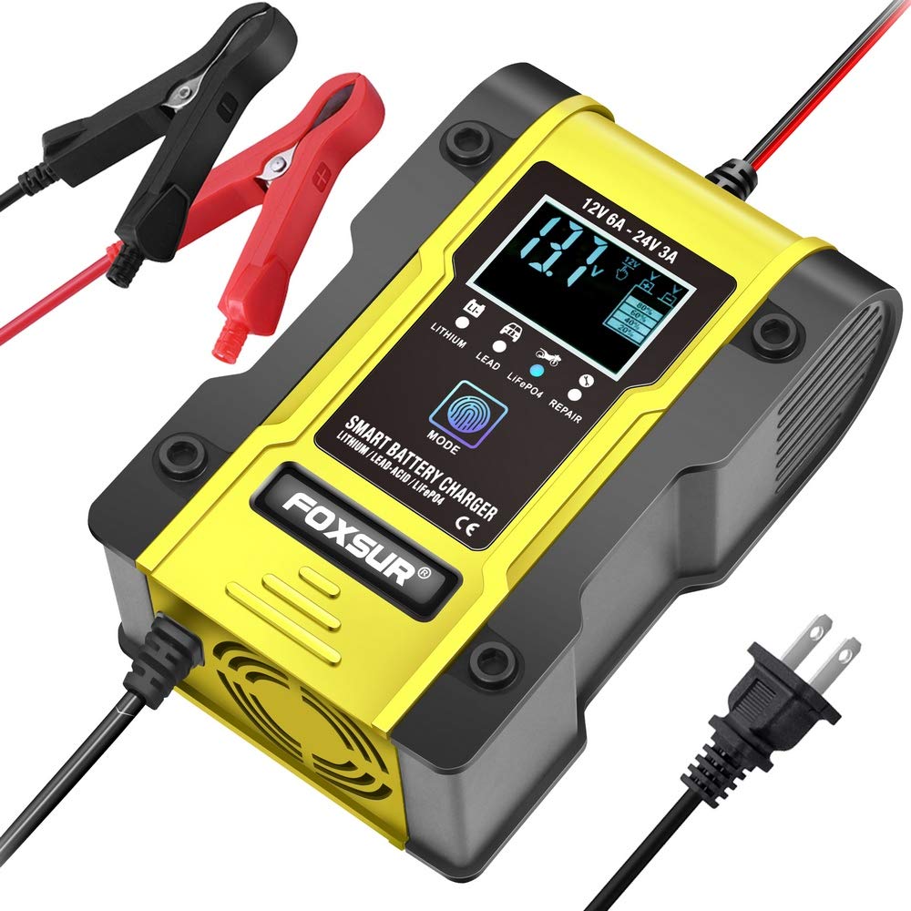12V/6A & 24V/3A Smart Battery Charger - 7-Stage Multifunction Charger Maintainer for Car, Truck, Motorcycle, Boat, ATV, Lawn Mower - Works with Lithium/LiFePO4/Lead-Acid/Deep Cycle Batteries - Perfect for Home Garage, Road Trips & Marine Use