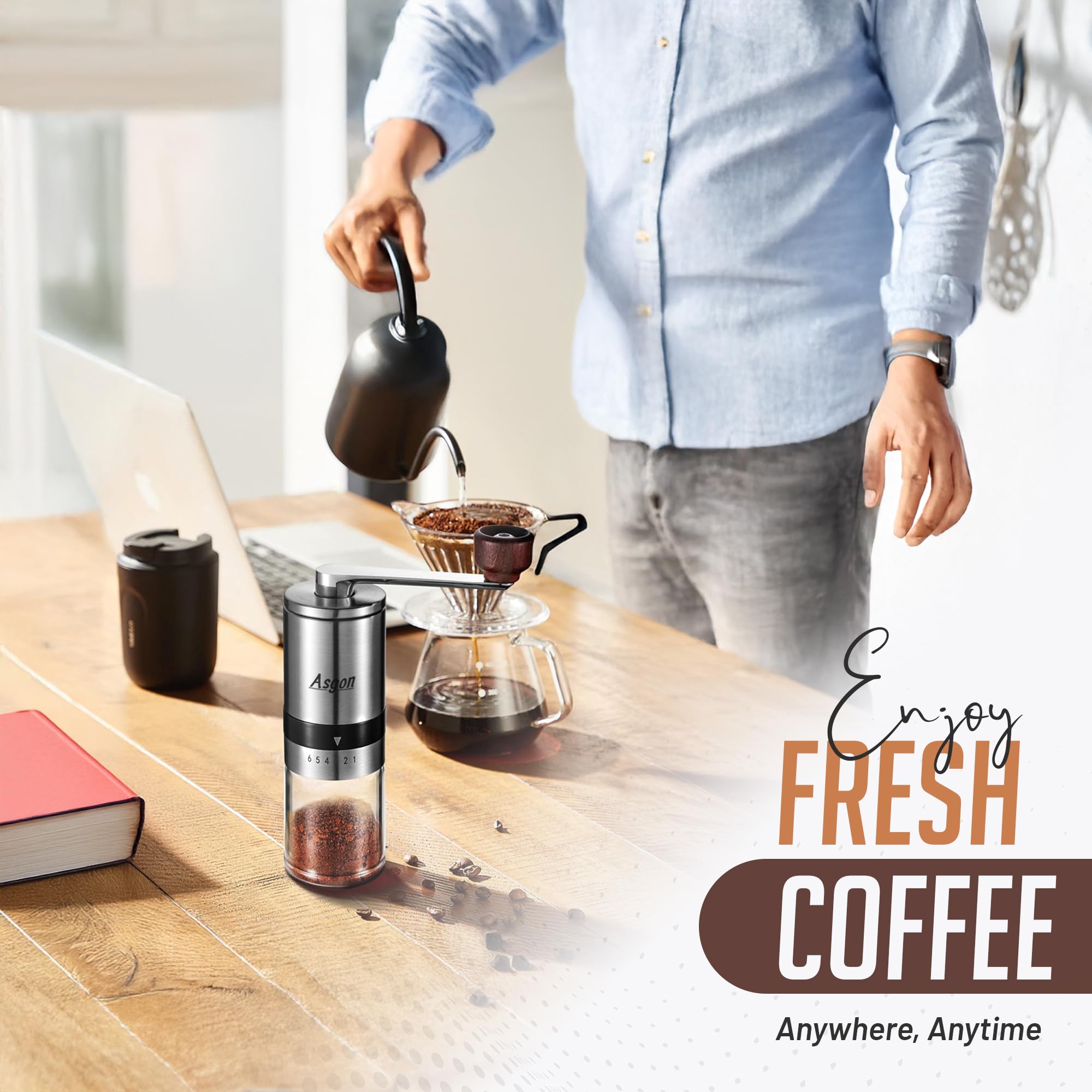 Premium Manual Coffee Grinder with Spoon & Cleaning Brush - Adjustable Stainless Steel Burr Mill for Espresso, French Press & Pour Over - 6 Coarseness Settings - Ergonomic Handle - Perfect for Home, Office & Camping Use