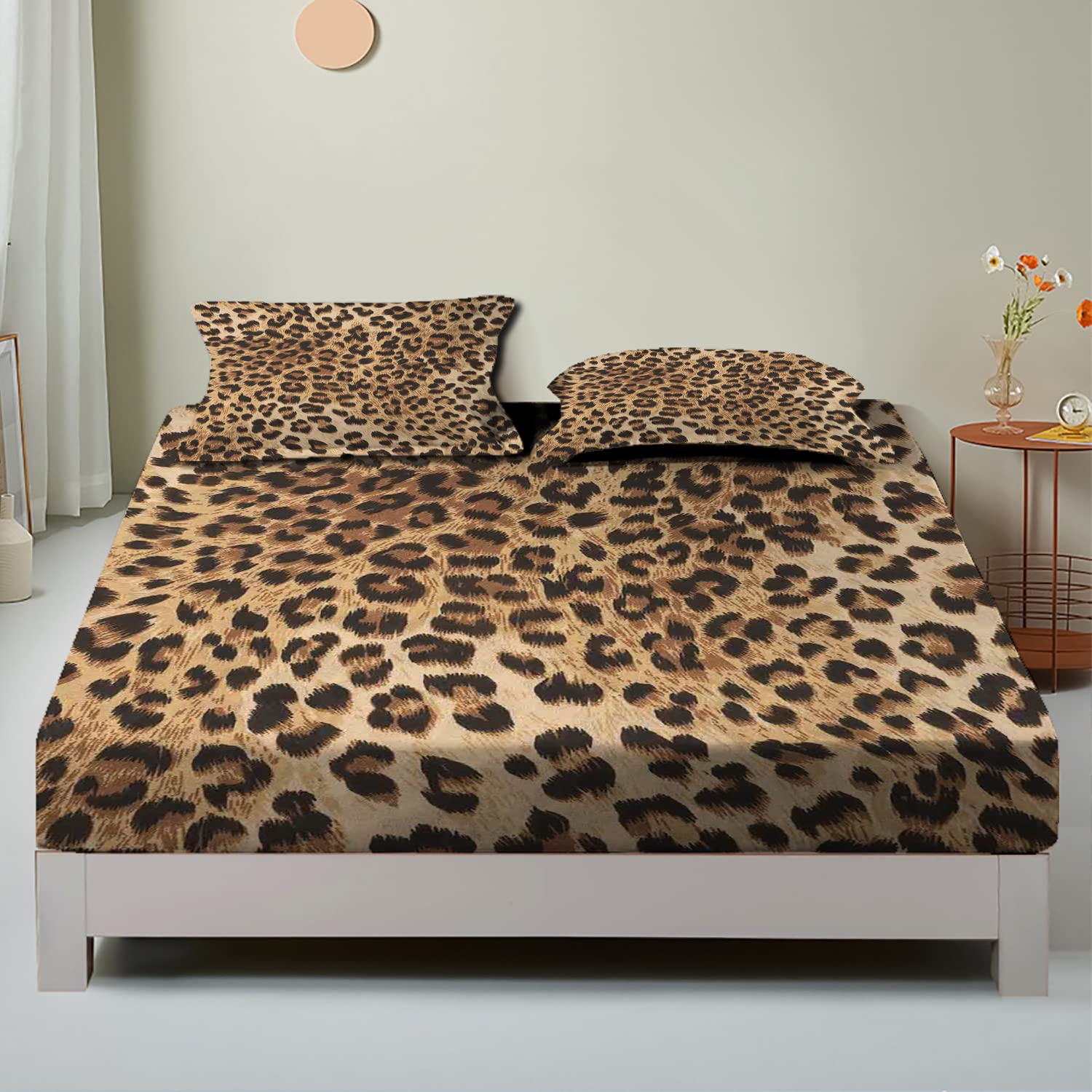 Leopard Print Twin/Twin XL Fitted Sheet Set - Wild Animal Skin Pattern, Ultra Soft & Breathable Bedding - Perfect Fit for Mattress - Pale Brown - Ideal for Jungle Themed Bedrooms, Kids Rooms & Boho Decor